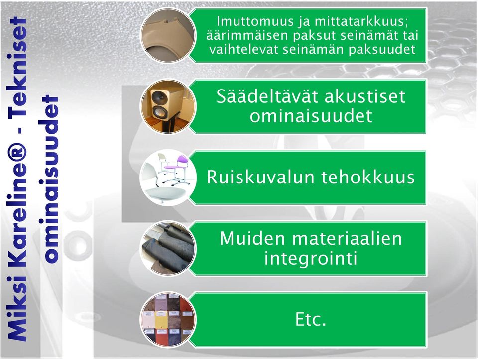 paksuudet Säädeltävät akustiset ominaisuudet