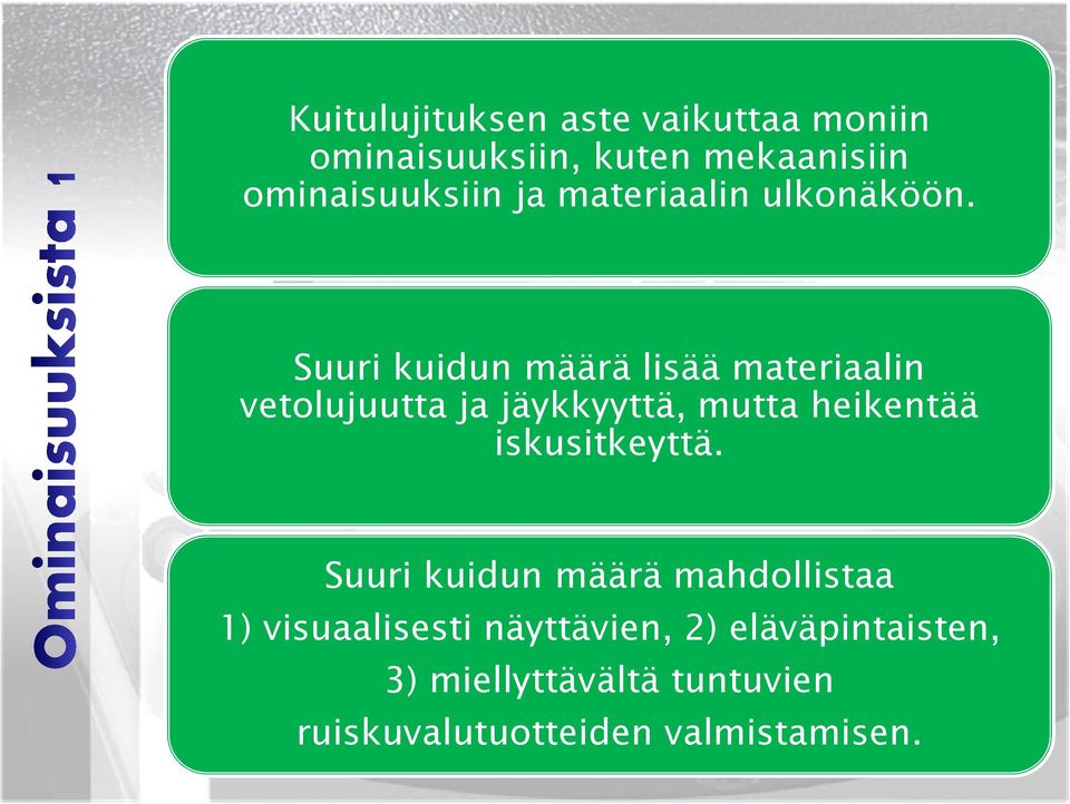 Suuri kuidun määrä lisää materiaalin vetolujuutta ja jäykkyyttä, mutta heikentää