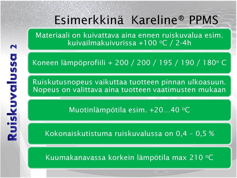 Ruiskutusnopeus vaikuttaa tuotteen pinnan ulkoasuun.