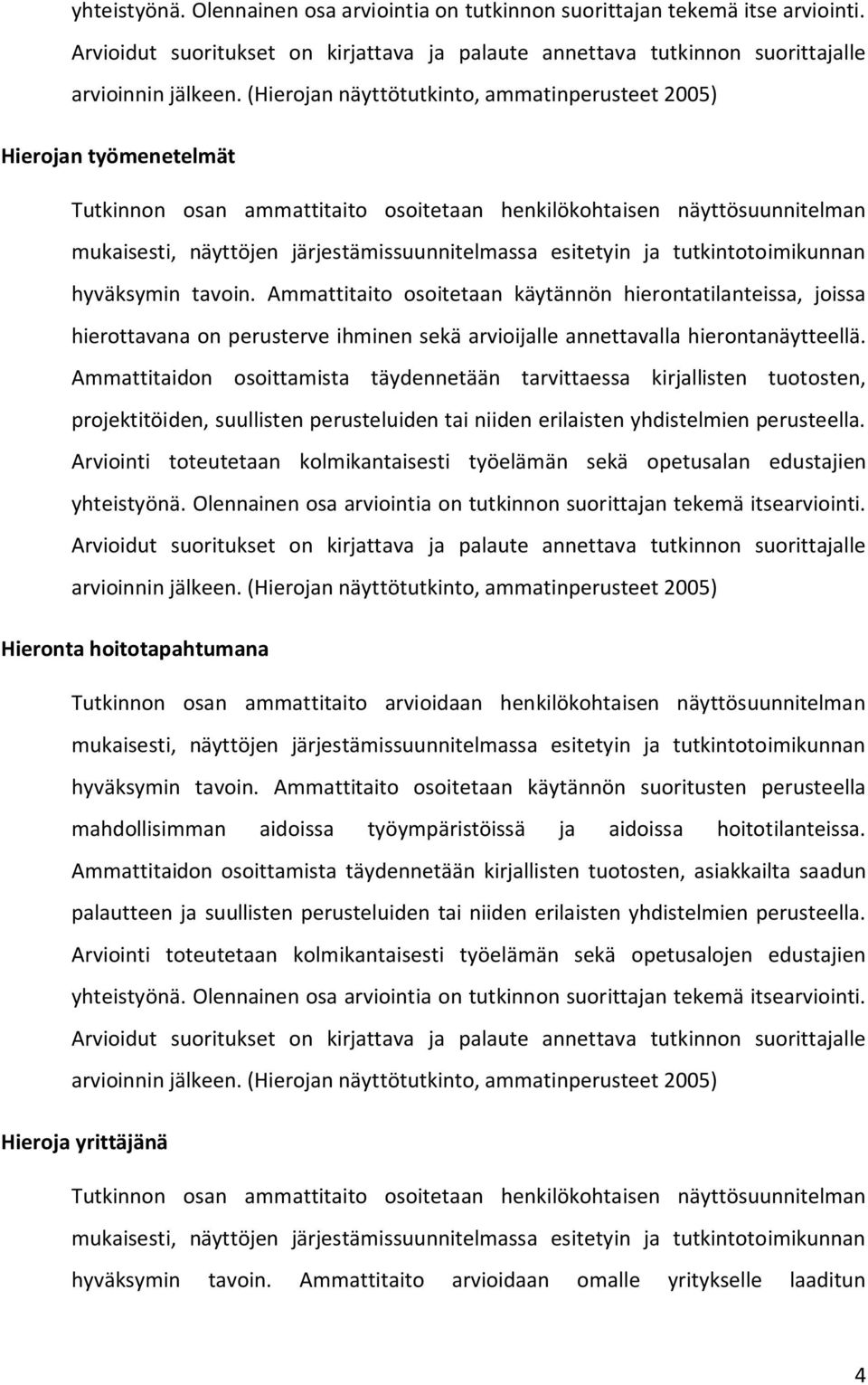 esitetyin ja tutkintotoimikunnan hyväksymin tavoin. Ammattitaito osoitetaan käytännön hierontatilanteissa, joissa hierottavana on perusterve ihminen sekä arvioijalle annettavalla hierontanäytteellä.