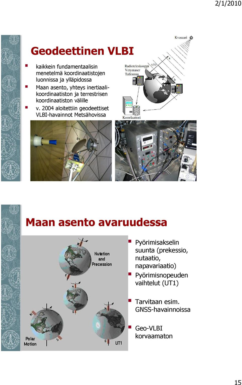 2004 aloitettiin geodeettiset VLBI-havainnot Metsähovissa Maan asento avaruudessa Pyörimisakselin suunta