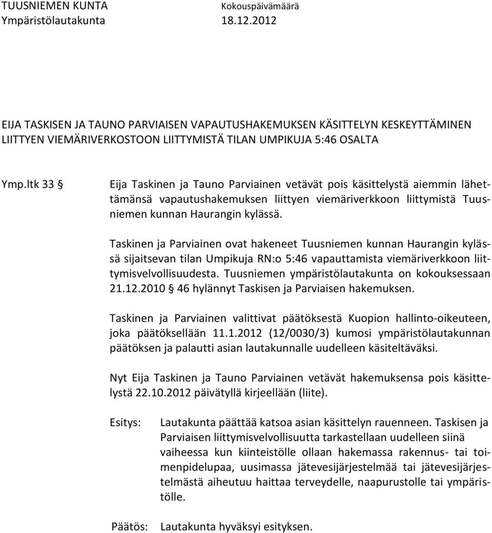 Taskinen ja Parviainen ovat hakeneet Tuusniemen kunnan Haurangin kylässä sijaitsevan tilan Umpikuja RN:o 5:46 vapauttamista viemäriverkkoon liittymisvelvollisuudesta.