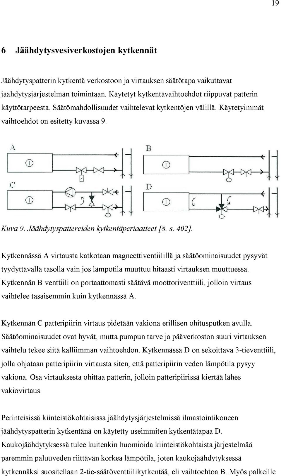 Jäähdytyspattereiden kytkentäperiaatteet [8, s. 402].