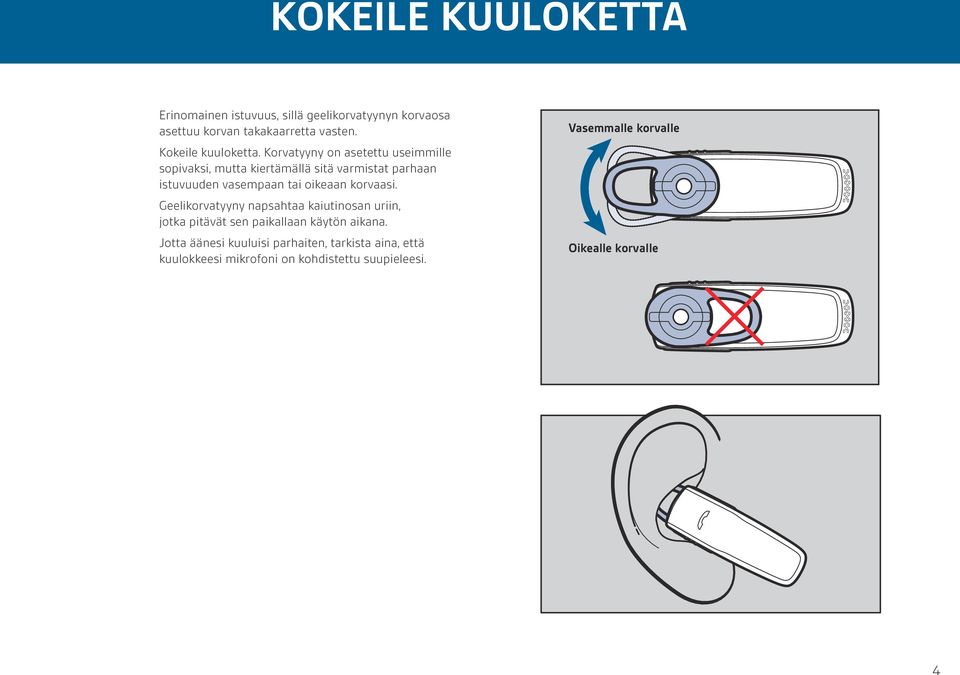 Korvatyyny on asetettu useimmille sopivaksi, mutta kiertämällä sitä varmistat parhaan istuvuuden vasempaan tai oikeaan