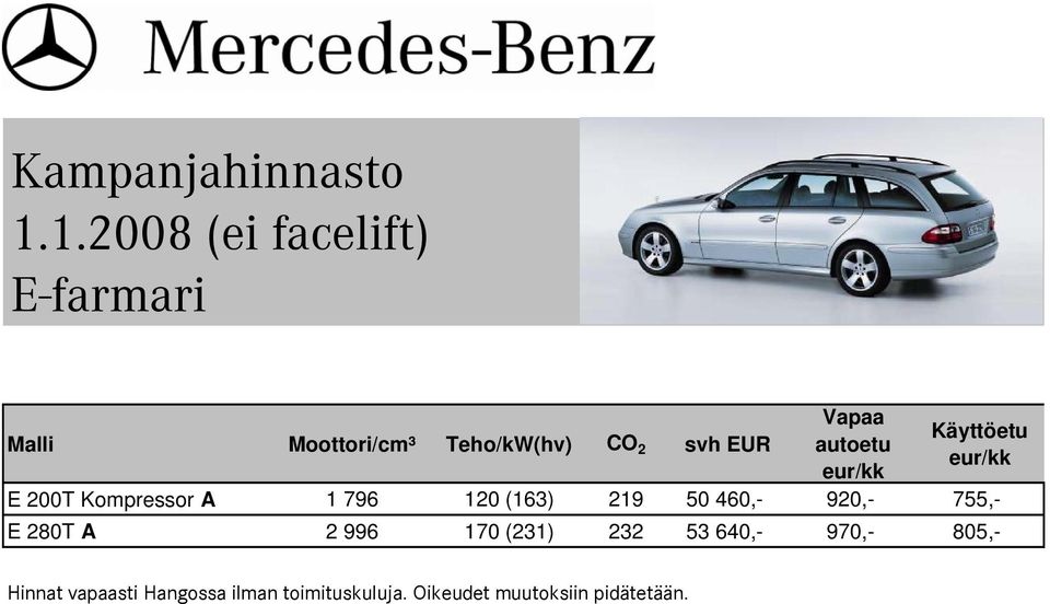 autoetu eur/kk Käyttöetu eur/kk E 200T Kompressor A 1 796 120 (163) 219 50 460,-