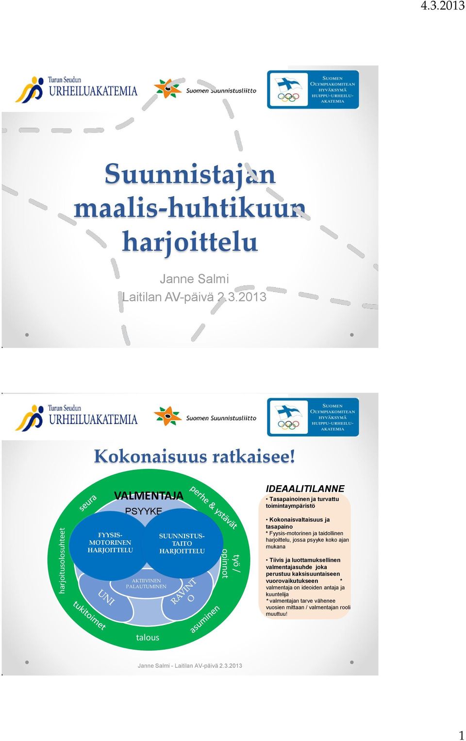turvattu toimintaympäristö Kokonaisvaltaisuus tasapaino * Fyysis-motorinen taidollinen harjoittelu, jossa psyyke koko an mukana Tiivis