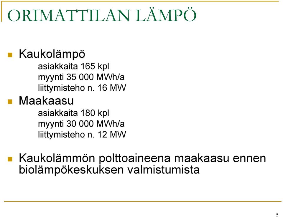 16 MW Maakaasu asiakkaita 180 kpl myynti 30  12 MW