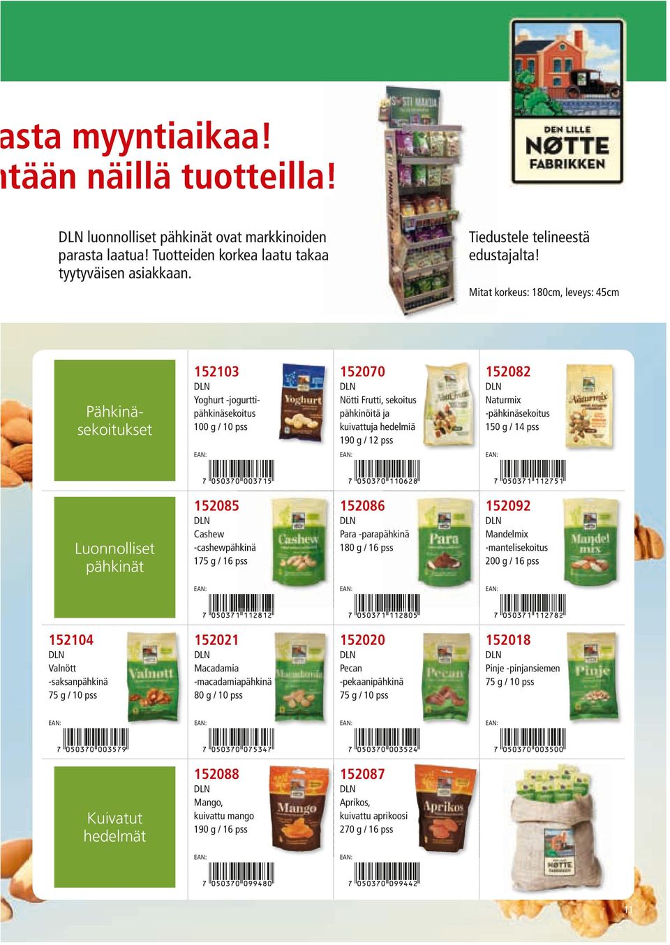 -pähkinäsekoitus 150 g / 14 pss 152085 152086 152092 Cashew -cashewpähkinä 175 g / 16 pss Para -parapähkinä 180 g / 16 pss Mandelmix -mantelisekoitus 200 g / 16 pss 152104 152021 152020 152018