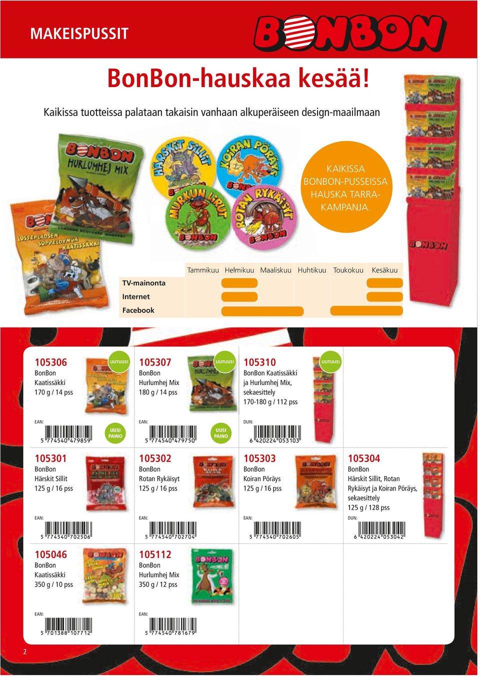 BonBon Kaatissäkki ja Hurlumhej Mix, seka 170-180 g / 112 pss UUSI PAINO 2 UUSI PAINO 105301 105302 105303 105304 BonBon Härskit Sillit 125 g / 16 pss BonBon Rotan Rykäisyt 125 g