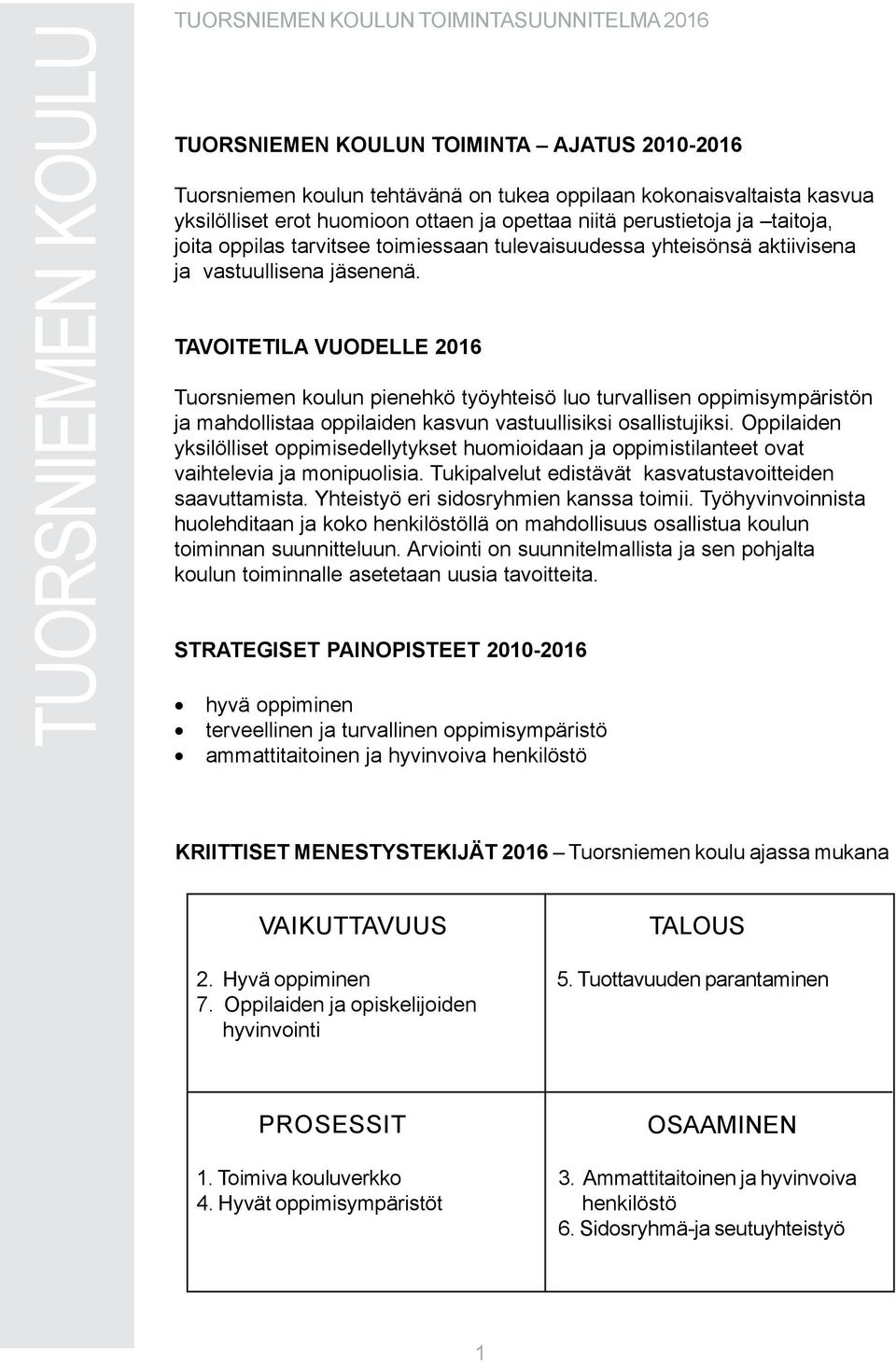 TAVOITETILA VUODELLE 2016 Tuorsniemen koulun pienehkö työyhteisö luo turvallisen oppimisympäristön ja mahdollistaa oppilaiden kasvun vastuullisiksi osallistujiksi.