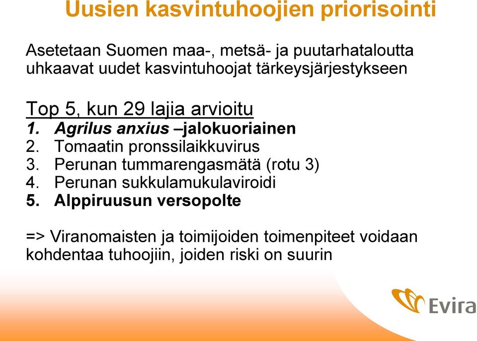 Tomaatin pronssilaikkuvirus 3. Perunan tummarengasmätä (rotu 3) 4. Perunan sukkulamukulaviroidi 5.