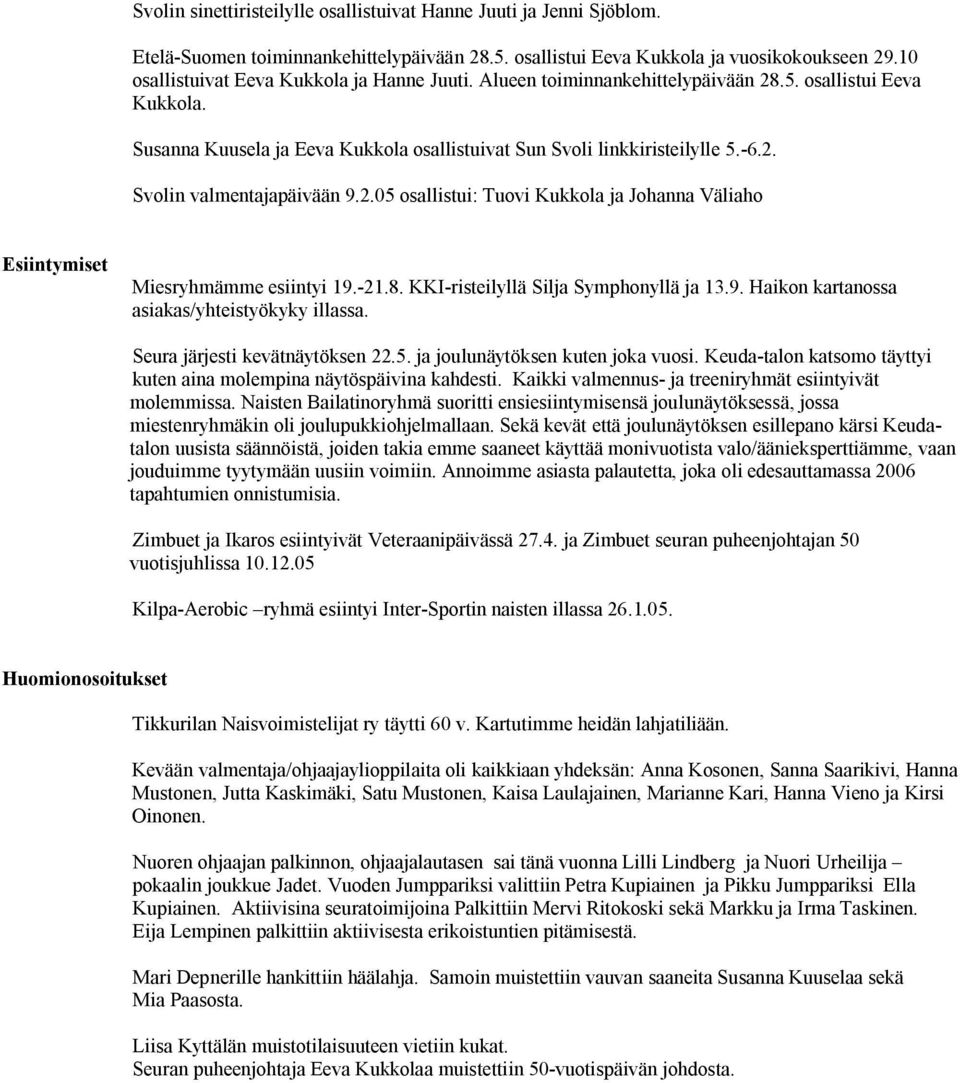 2.05 osallistui: Tuovi Kukkola ja Johanna Väliaho Esiintymiset Miesryhmämme esiintyi 19.-21.8. KKI-risteilyllä Silja Symphonyllä ja 13.9. Haikon kartanossa asiakas/yhteistyökyky illassa.