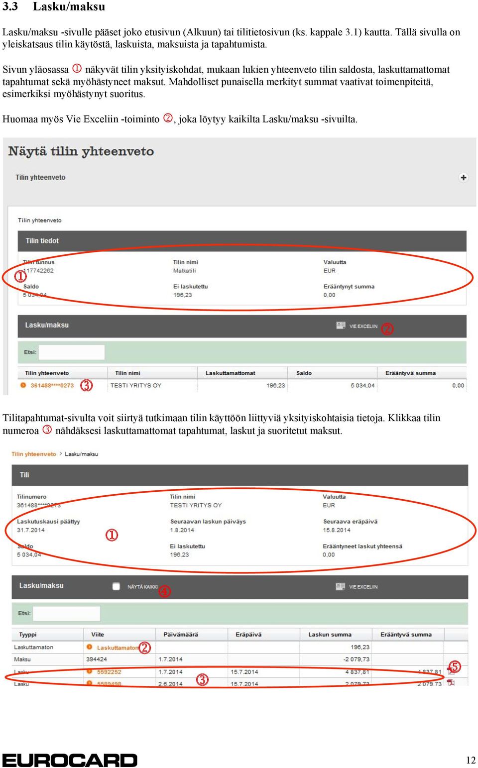 Sivun yläosassa näkyvät tilin yksityiskohdat, mukaan lukien yhteenveto tilin saldosta, laskuttamattomat tapahtumat sekä myöhästyneet maksut.