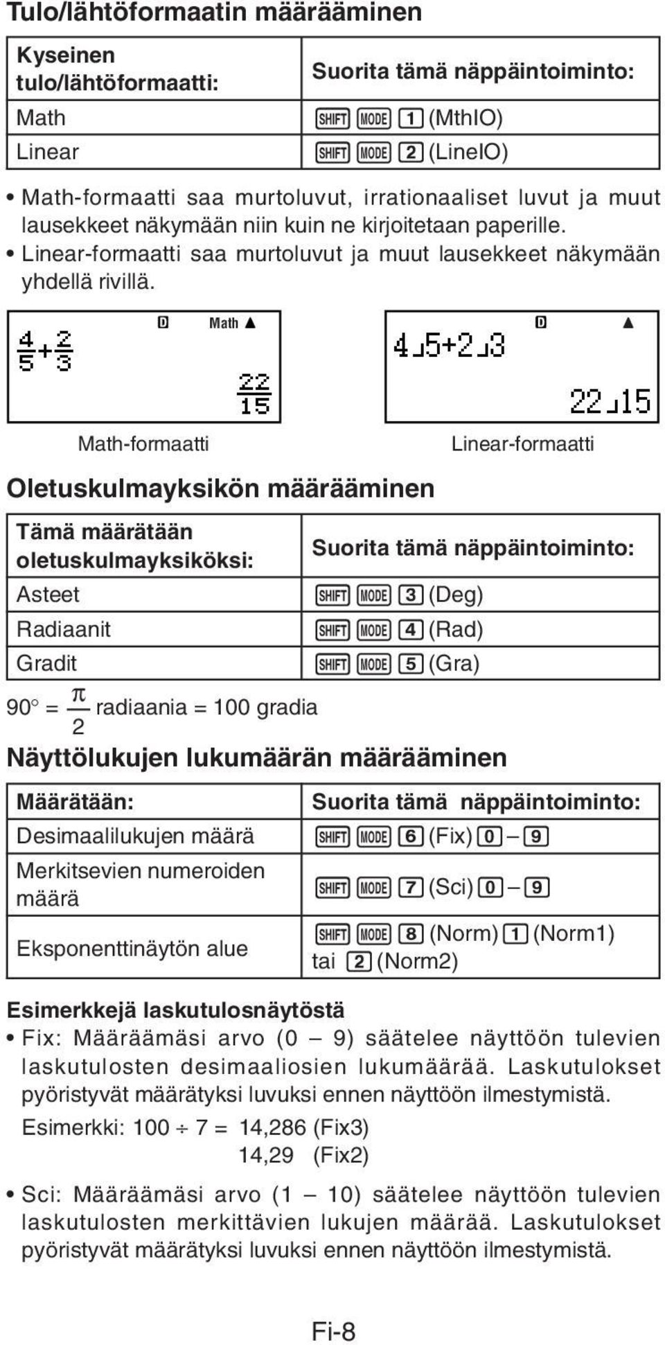 Math Oletuskulmayksikön määrääminen Tämä määrätään oletuskulmayksiköksi: Suorita tämä näppäintoiminto: Asteet 1N3(Deg) Radiaanit 1N4(Rad) Gradit 1N5(Gra) π 90 = radiaania = 100 gradia 2 Näyttölukujen