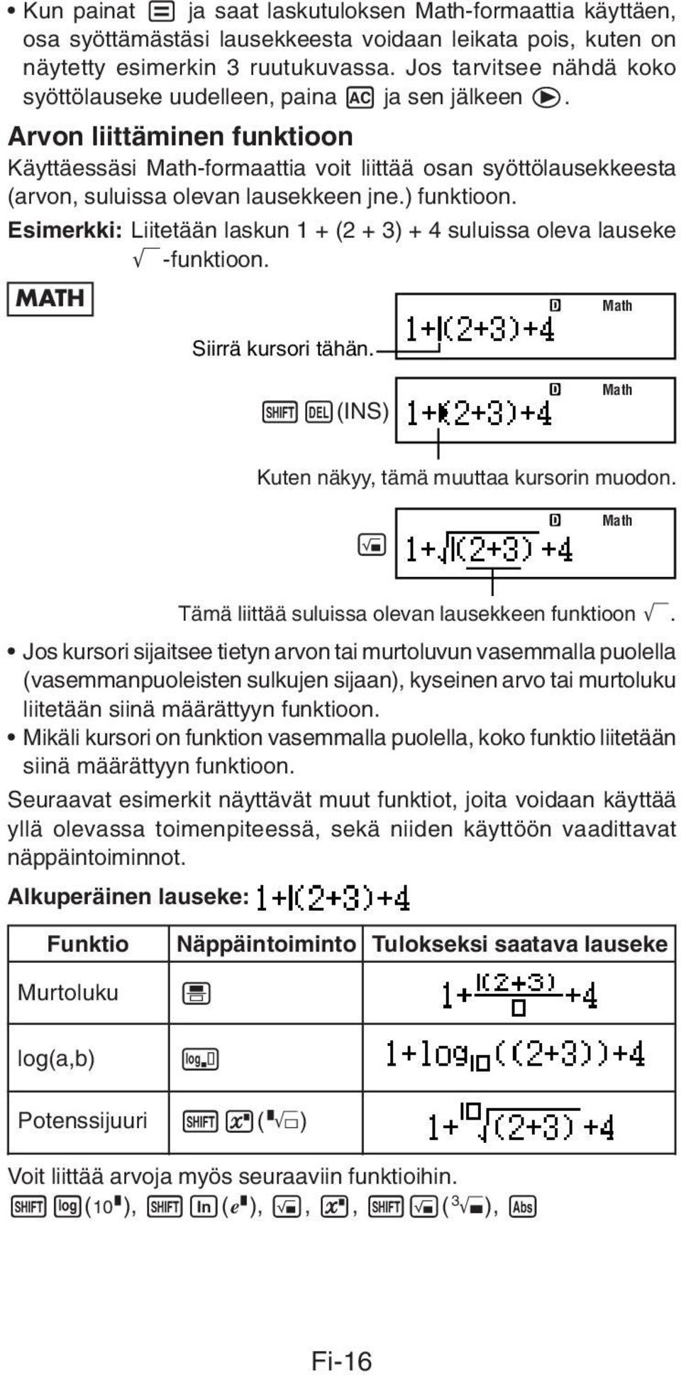 Arvon liittäminen funktioon Käyttäessäsi Math-formaattia voit liittää osan syöttölausekkeesta (arvon, suluissa olevan lausekkeen jne.) funktioon.