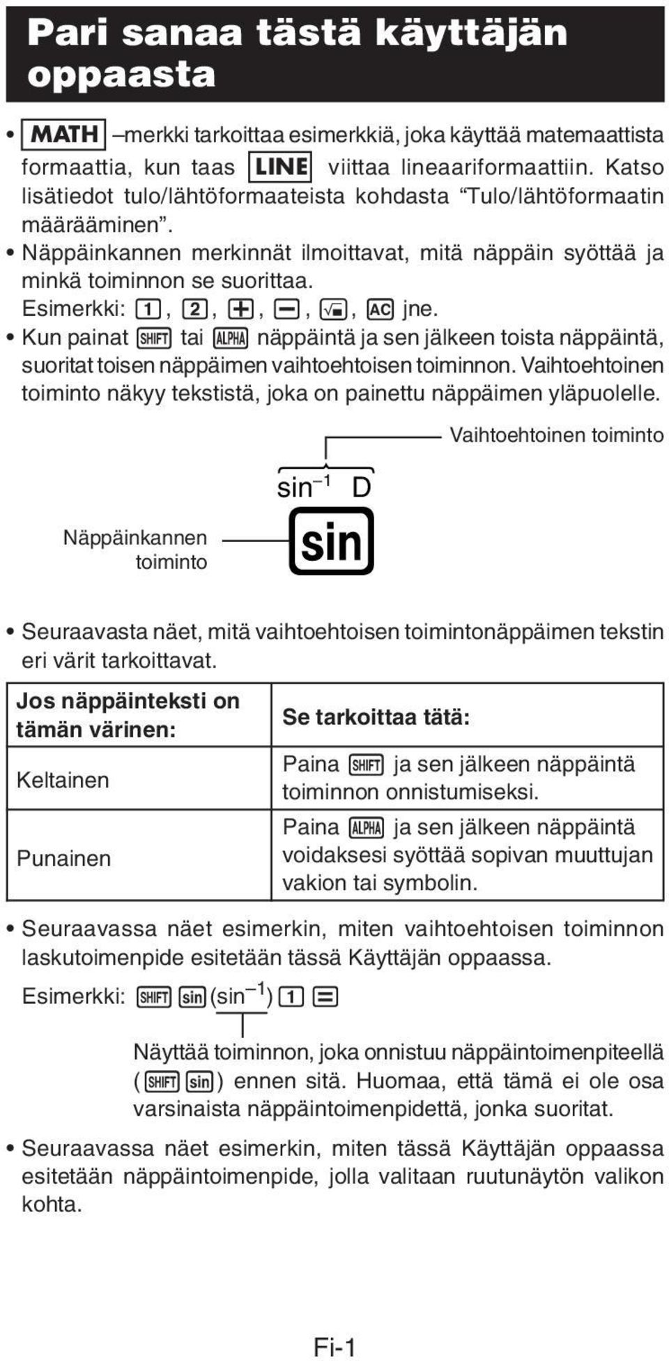 , A jne. Kun painat 1 tai S näppäintä ja sen jälkeen toista näppäintä, suoritat toisen näppäimen vaihtoehtoisen toiminnon.