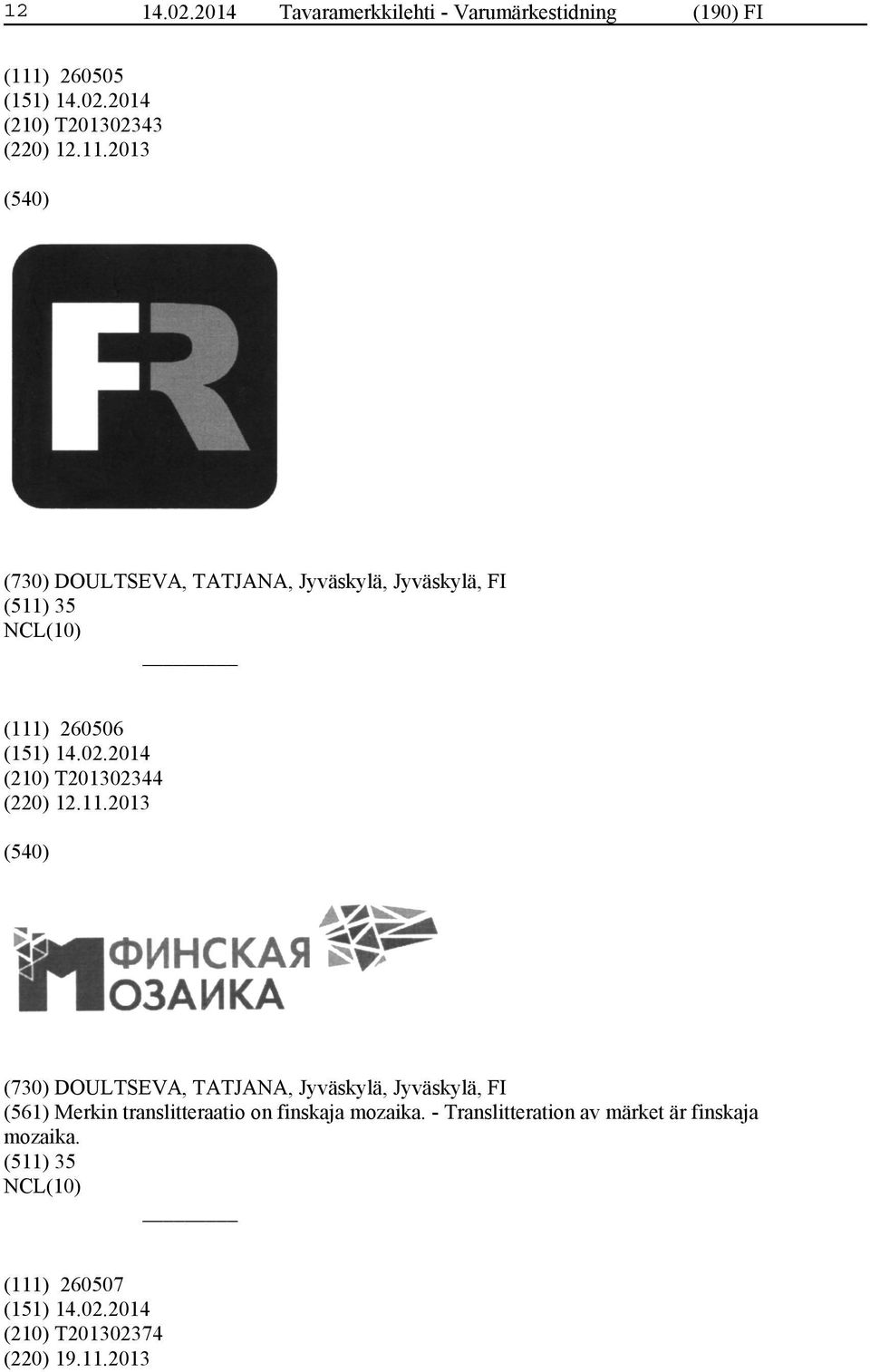 2013 (730) DOULTSEVA, TATJANA, Jyväskylä, Jyväskylä, FI (511) 35 (111) 260506 (210) T201302344 (220) 12.