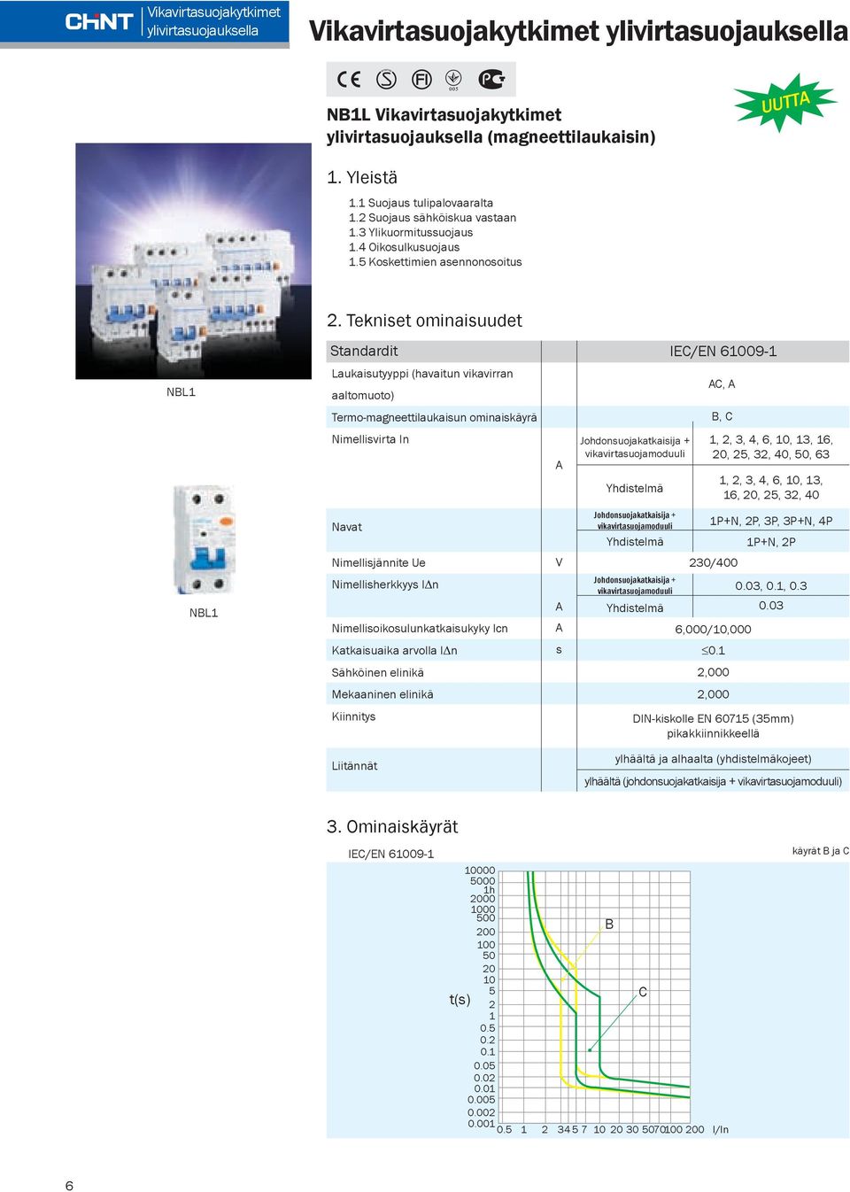 Tekniset ominaisuudet Standardit IEC/EN 9- NBL Laukaisutyyppi (havaitun vikavirran aaltomuoto) AC, A Termo-magneettilaukaisun ominaiskäyrä B, C Nimellisvirta In A Johdonsuojakatkaisija +