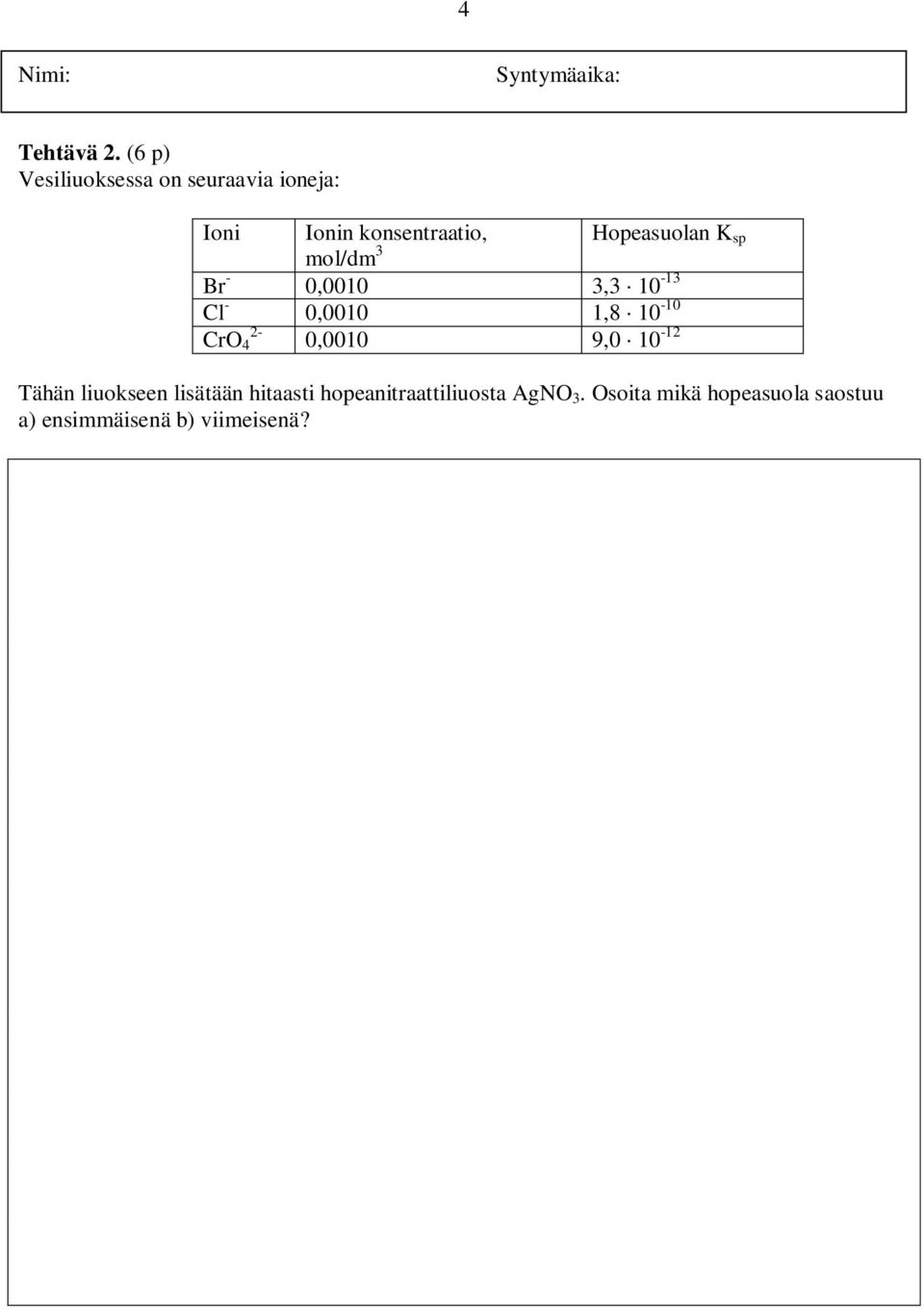 Hopeasuolan K sp mol/dm 3 Br - 0,0010 3,3 10-13 Cl - 0,0010 1,8 10-10 2-
