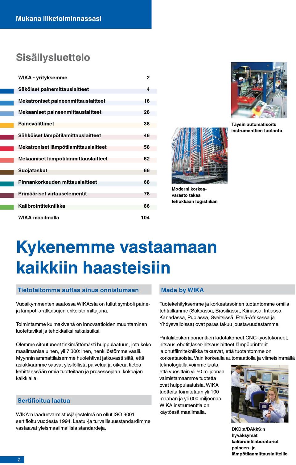 mittauslaitteet 68 Primääriset virtauselementit 78 Kalibrointitekniikka 86 Moderni korkeavarasto takaa tehokkaan logistiikan WIKA maailmalla 104 Kykenemme vastaamaan kaikkiin haasteisiin