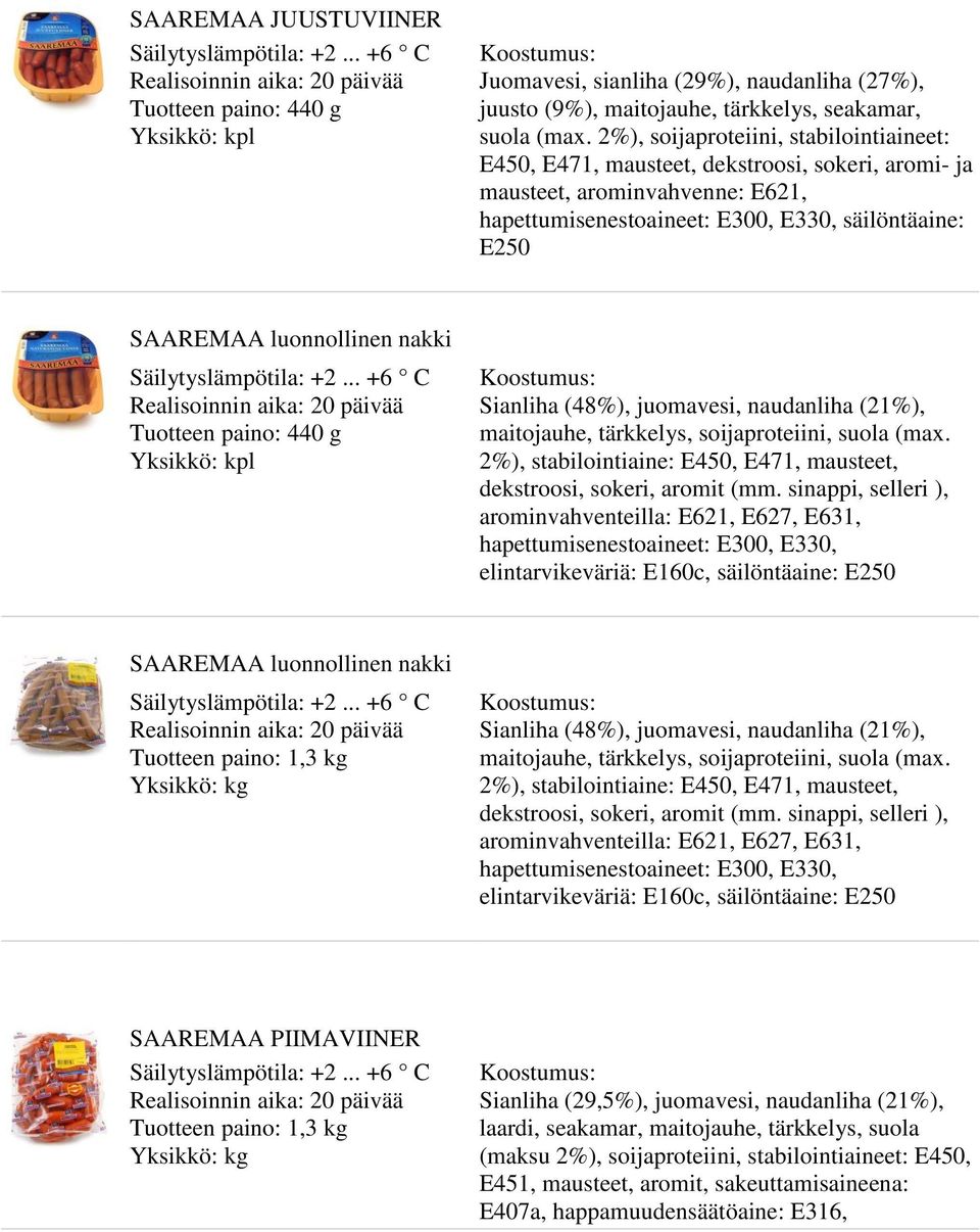 nakki Tuotteen paino: 440 g Sianliha (48%), juomavesi, naudanliha (21%), maitojauhe, tärkkelys, soijaproteiini, suola (max. 2%), stabilointiaine: E450, E471, mausteet, dekstroosi, sokeri, aromit (mm.