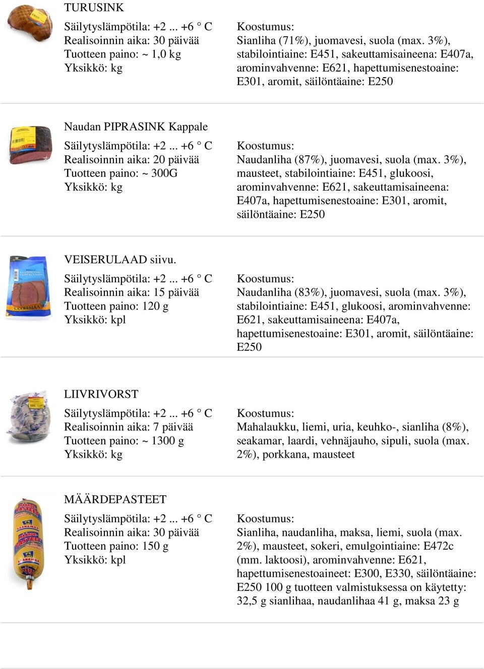 juomavesi, suola (max. 3%), mausteet, stabilointiaine: E451, glukoosi, arominvahvenne: E621, sakeuttamisaineena: E407a, hapettumisenestoaine: E301, aromit, säilöntäaine: VEISERULAAD siivu.