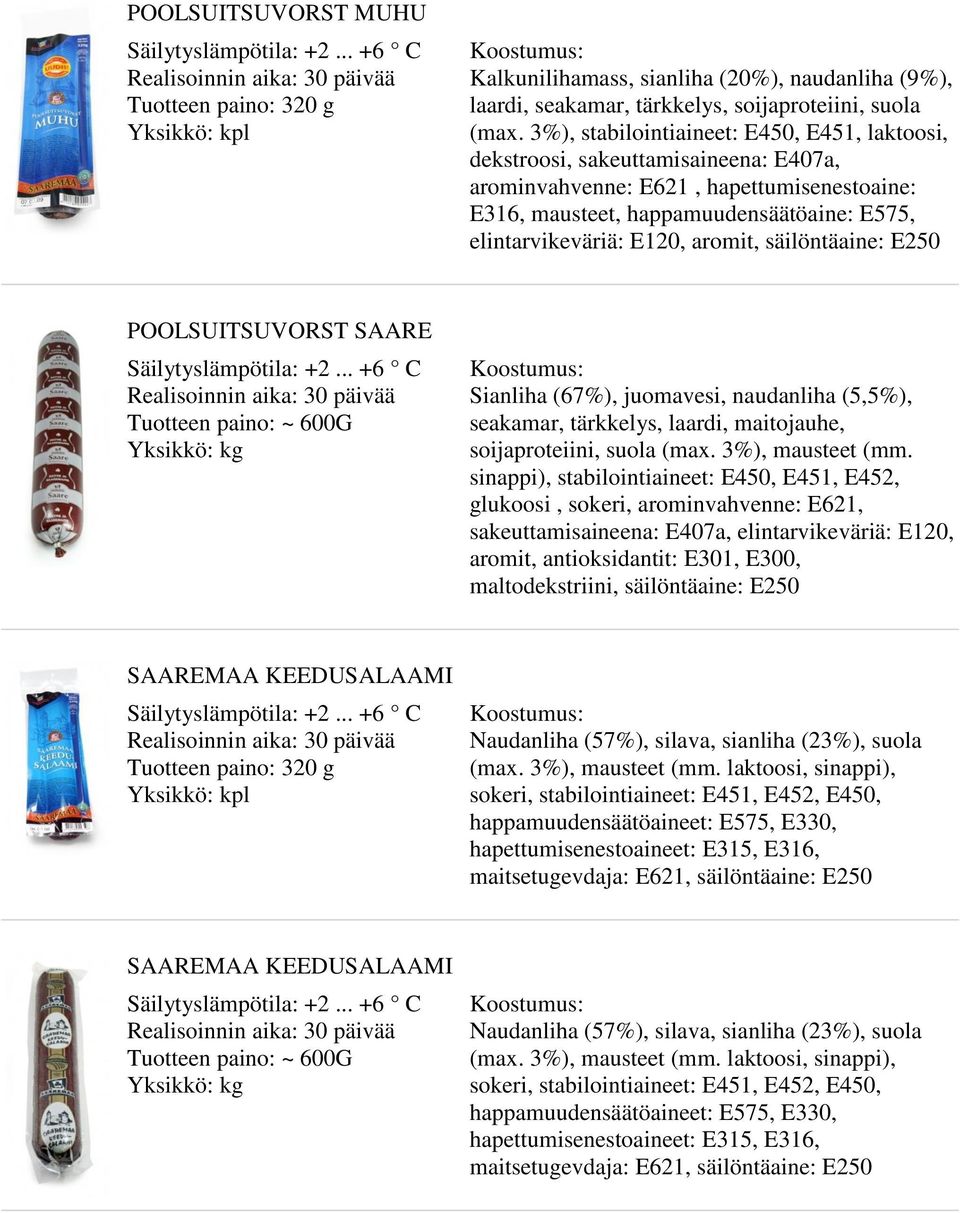 aromit, säilöntäaine: POOLSUITSUVORST SAARE Tuotteen paino: ~ 600G Sianliha (67%), juomavesi, naudanliha (5,5%), seakamar, tärkkelys, laardi, maitojauhe, soijaproteiini, suola (max. 3%), mausteet (mm.