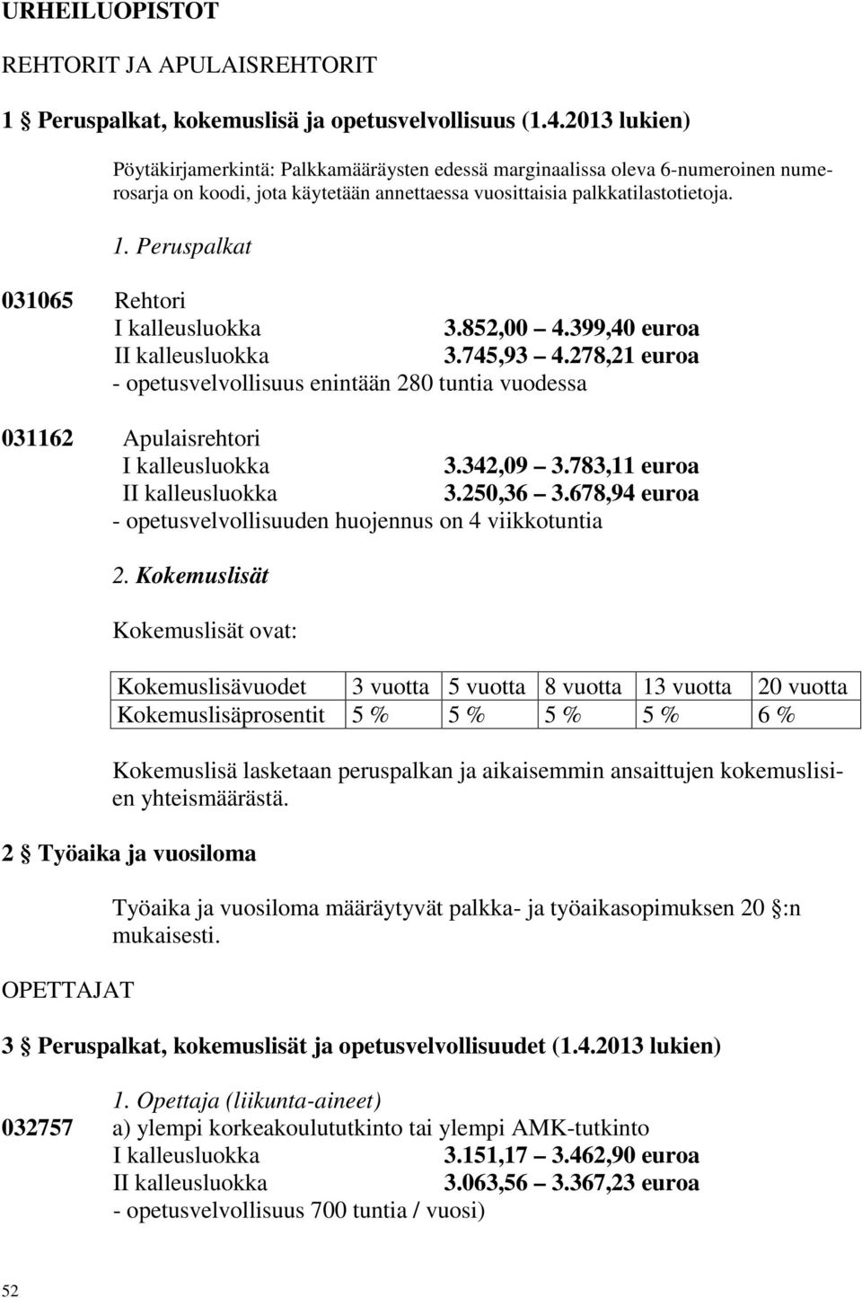 Peruspalkat 031065 Rehtori 3.852,00 4.399,40 euroa 3.745,93 4.278,21 euroa - opetusvelvollisuus enintään 280 tuntia vuodessa 031162 Apulaisrehtori 3.342,09 3.783,11 euroa 3.250,36 3.