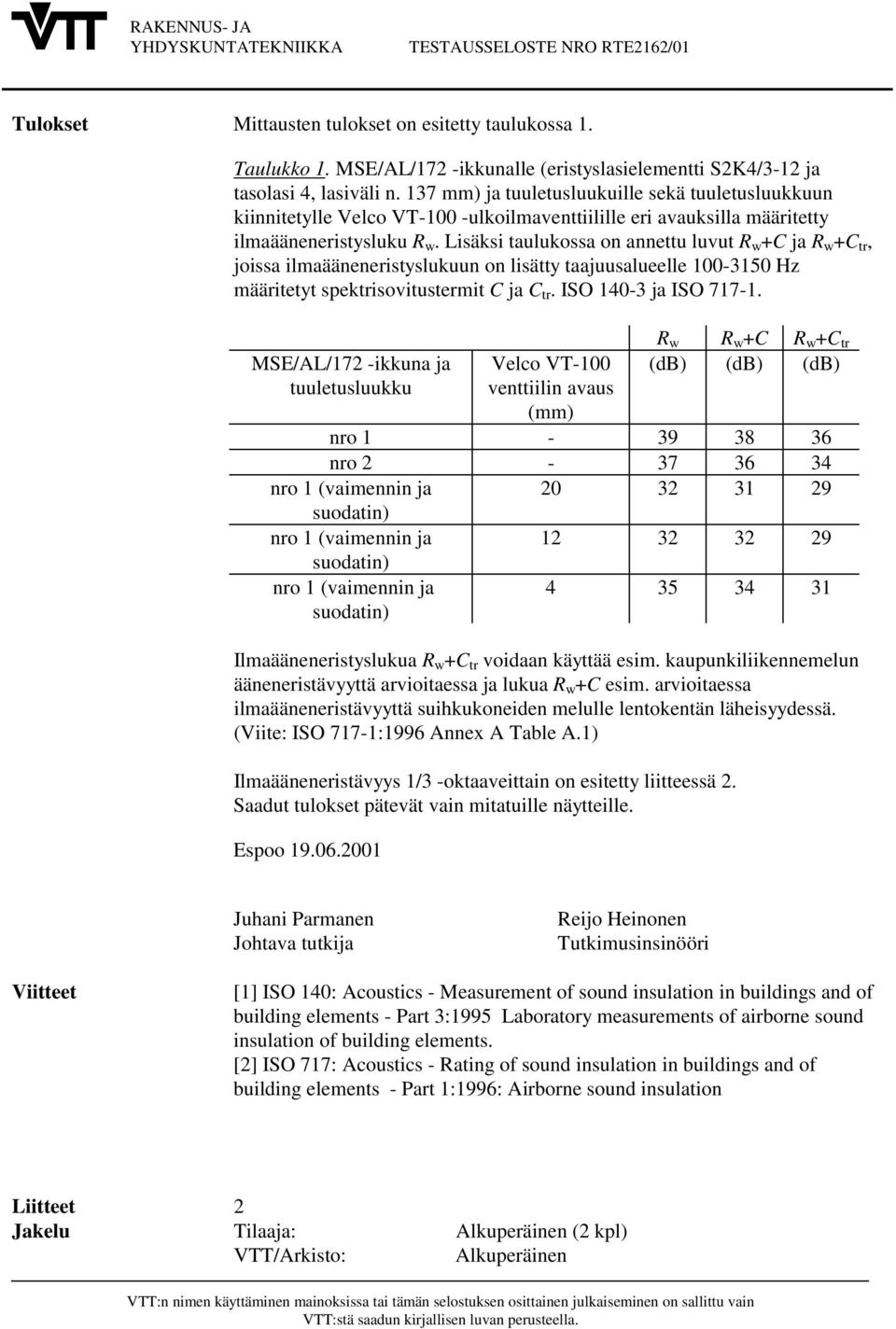 Lisäksi taulukossa on annettu luvut w +C ja w +C tr, joissa ilmaääneneristyslukuun on lisätty alueelle 0-31 määritetyt spektrisovitustermit C ja C tr. ISO 1-3 ja ISO 717-1.