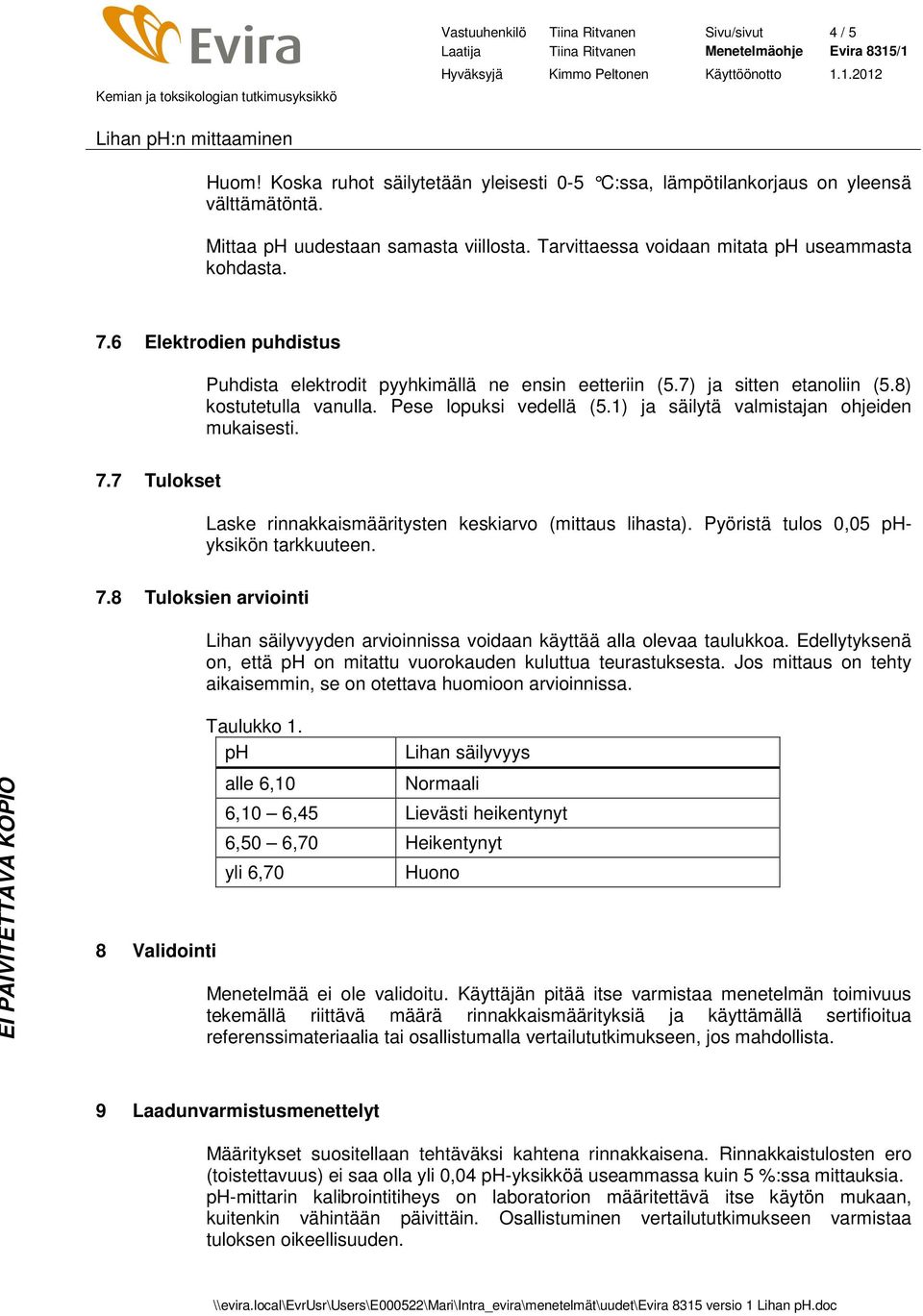 Pese lopuksi vedellä (5.1) ja säilytä valmistajan ohjeiden mukaisesti. 7.7 Tulokset Laske rinnakkaismääritysten keskiarvo (mittaus lihasta). Pyöristä tulos 0,05 phyksikön tarkkuuteen. 7.8 Tuloksien arviointi Lihan säilyvyyden arvioinnissa voidaan käyttää alla olevaa taulukkoa.