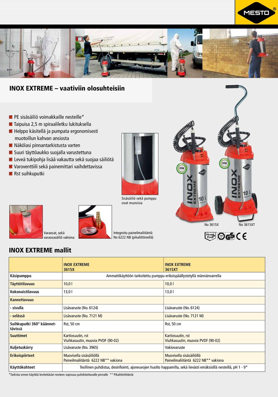 Sisäsäiliö sekä pumppu ovat muovisia No 3615X No 3615XT Varaosat, sekä varaosasäiliö vakiona Integroitu paineilmaliitäntä No 6222 NB (pikaliittimellä) INOX EXTREME mallit Käsipumppu INOX EXTREME