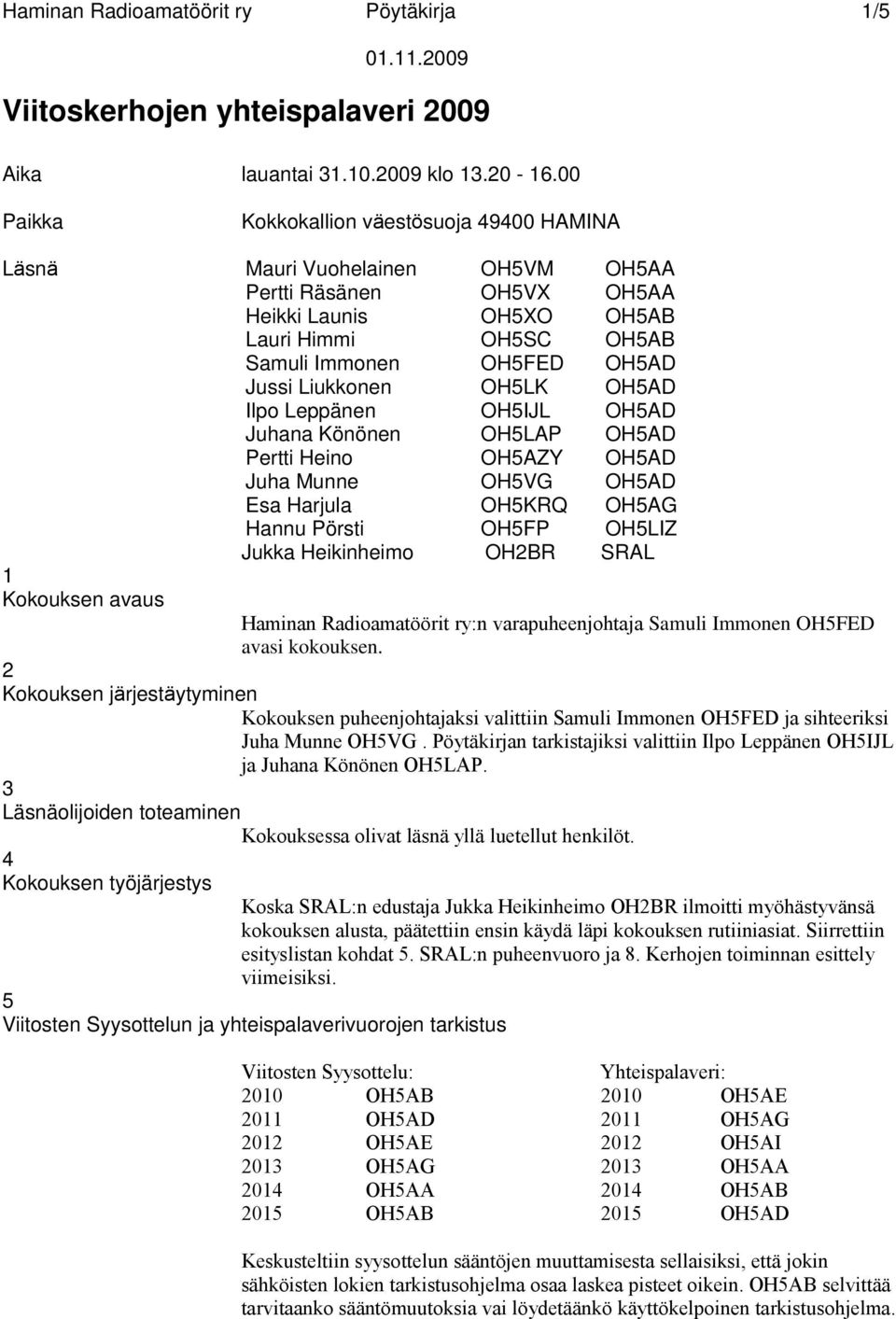 Liukkonen OH5LK OH5AD Ilpo Leppänen OH5IJL OH5AD Juhana Könönen OH5LAP OH5AD Pertti Heino OH5AZY OH5AD Juha Munne OH5VG OH5AD Esa Harjula OH5KRQ OH5AG Hannu Pörsti OH5FP OH5LIZ Jukka Heikinheimo