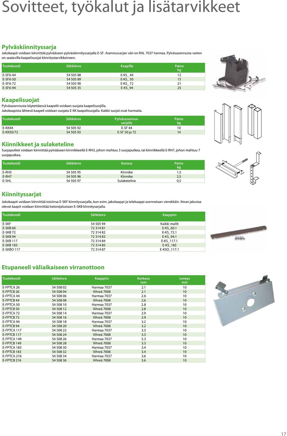 Tuotekoodi Sähkönro Kaapille E-SF6-44 54 505 88 E-KS_ 44 12 E-SF6-50 54 505 89 E-KS_ 50 15 E-SF6-72 54 505 90 E-KS_ 72 21 E-SF6-94 54 505 35 E-KS_94 25 Kaapelisuojat Pylväsasennusta käytettäessä