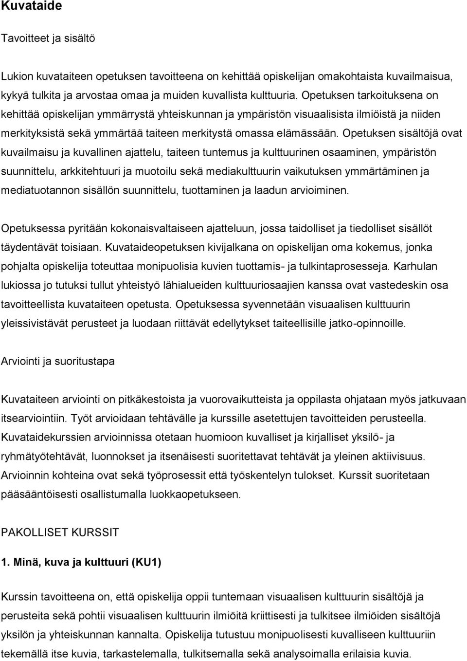 Opetuksen sisältöjä ovat kuvailmaisu ja kuvallinen ajattelu, taiteen tuntemus ja kulttuurinen osaaminen, ympäristön suunnittelu, arkkitehtuuri ja muotoilu sekä mediakulttuurin vaikutuksen