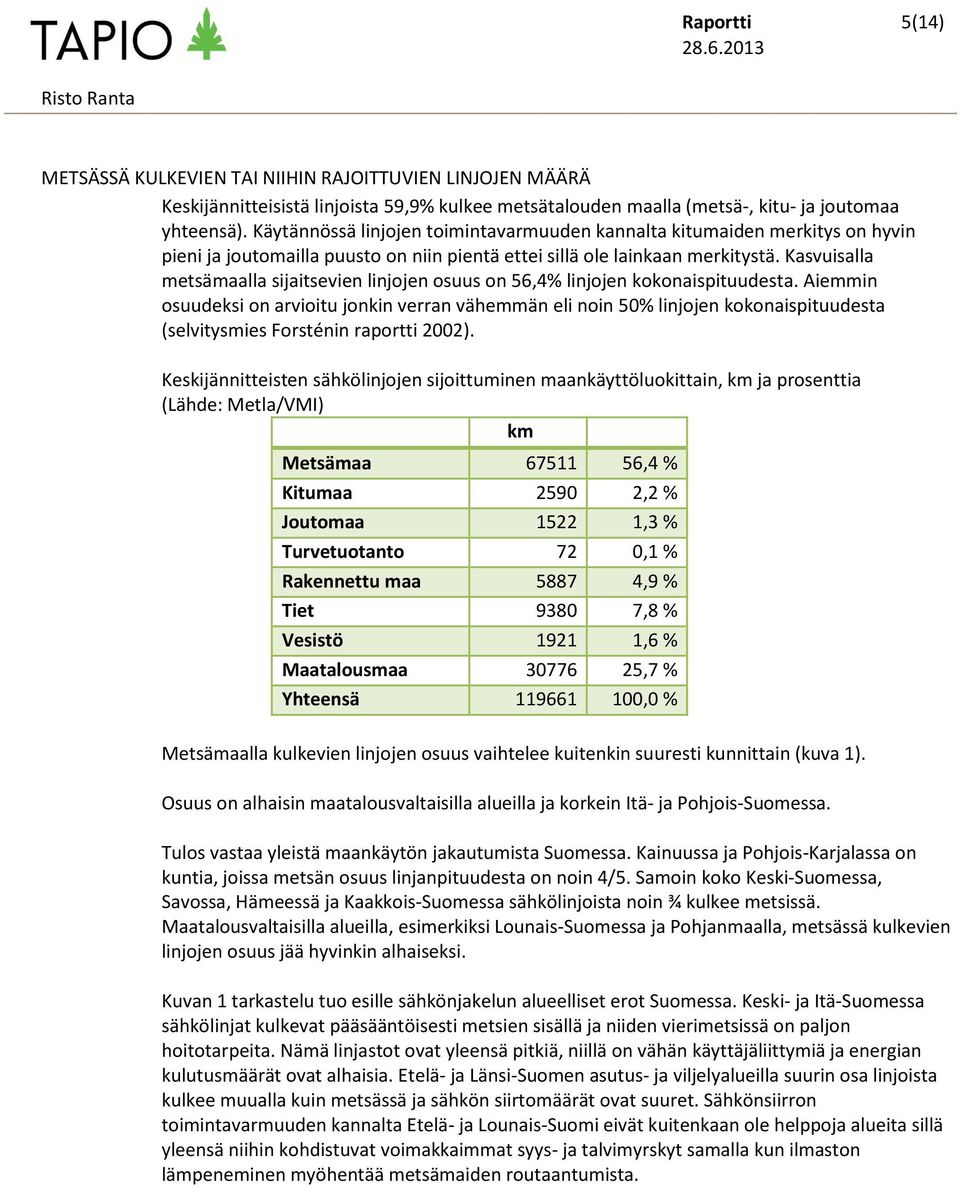 Kasvuisalla metsämaalla sijaitsevien linjojen osuus on 56,4% linjojen kokonaispituudesta.