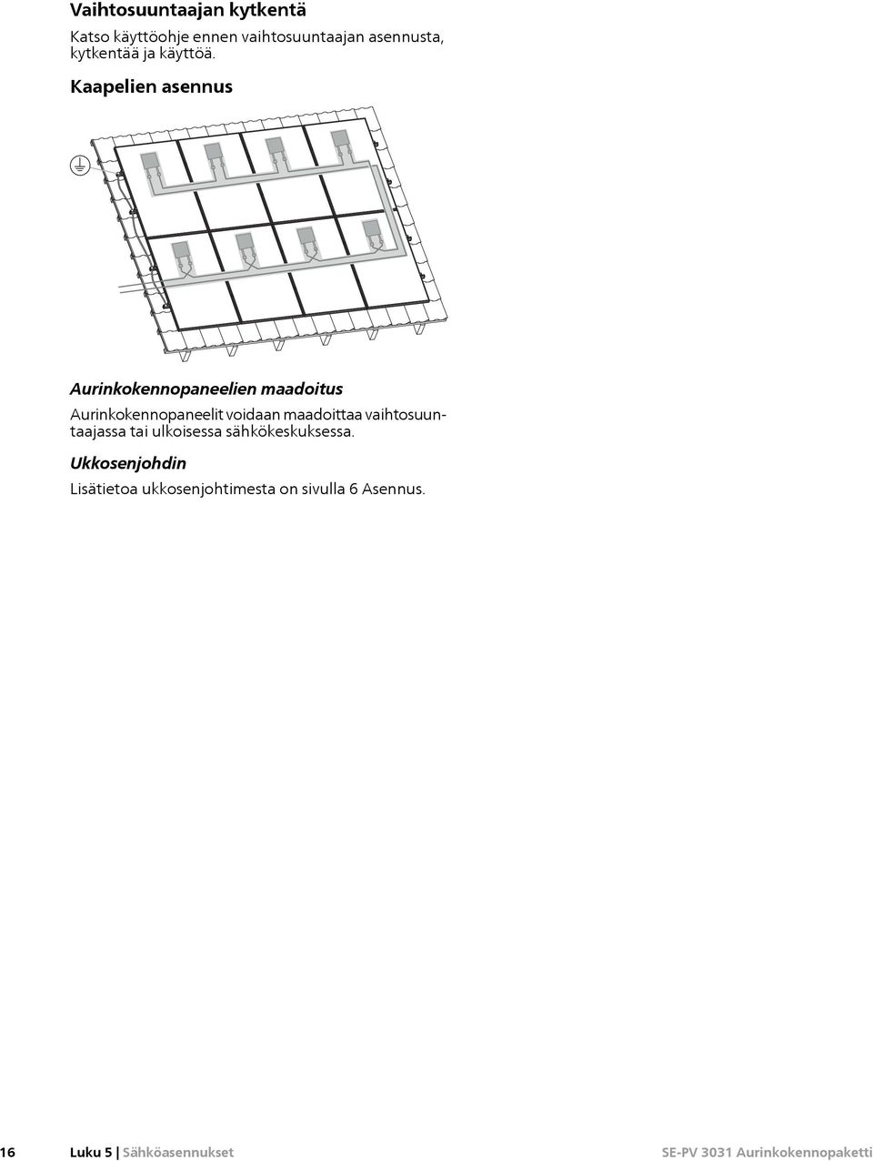 Kaapelien asennus Aurinkokennopaneelien maadoitus Aurinkokennopaneelit voidaan