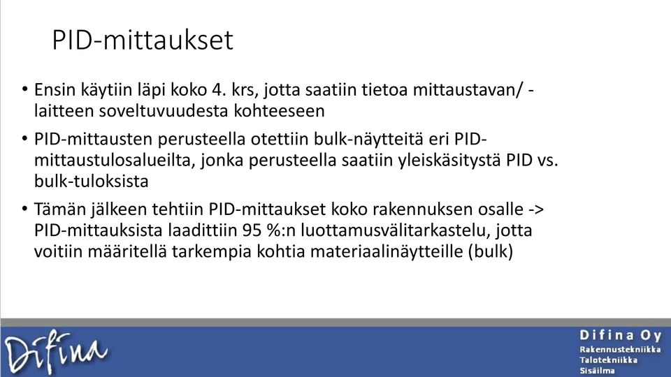 bulk-näytteitä eri PIDmittaustulosalueilta, jonka perusteella saatiin yleiskäsitystä PID vs.