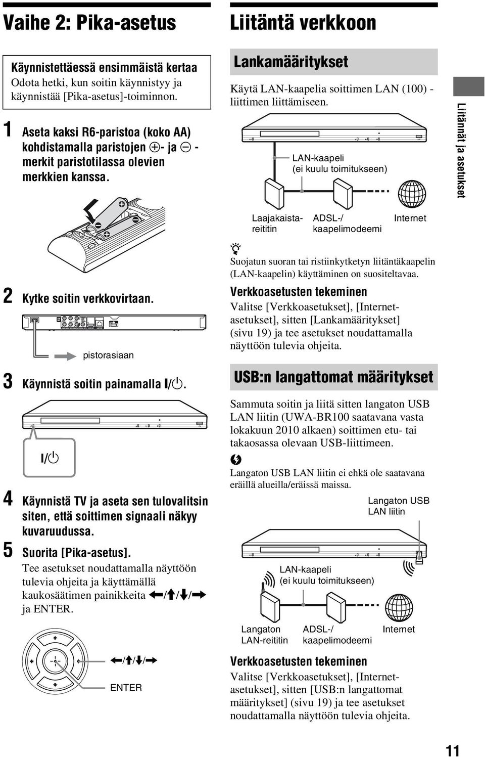 LAN-kaapeli (ei kuulu toimitukseen) Liitännät ja asetukset Laajakaistareititin ADSL-/ kaapelimodeemi Internet 2 Kytke soitin verkkovirtaan. pistorasiaan 3 Käynnistä soitin painamalla [/1.