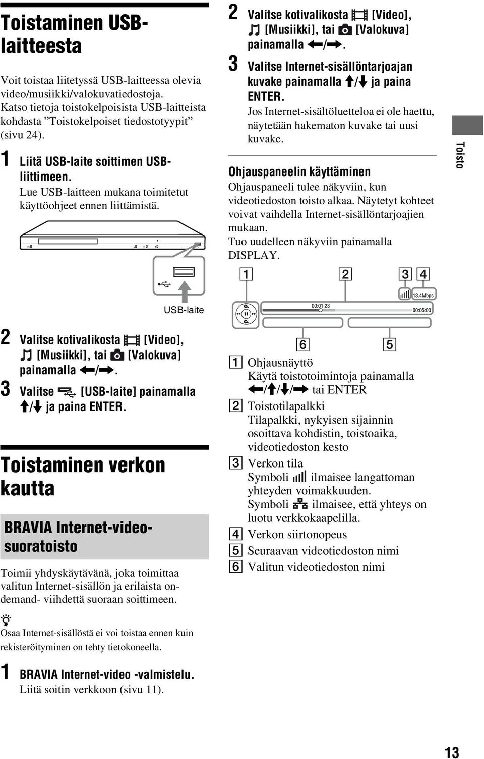 Lue USB-laitteen mukana toimitetut käyttöohjeet ennen liittämistä. 2 Valitse kotivalikosta [Video], [Musiikki], tai [Valokuva] painamalla </,.