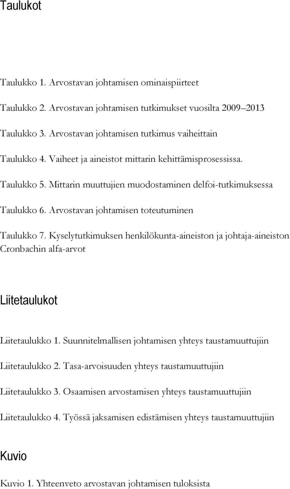 Kyselytutkimuksen henkilökunta-aineiston ja johtaja-aineiston Cronbachin alfa-arvot Liitetaulukot Liitetaulukko 1. Suunnitelmallisen johtamisen yhteys taustamuuttujiin Liitetaulukko 2.