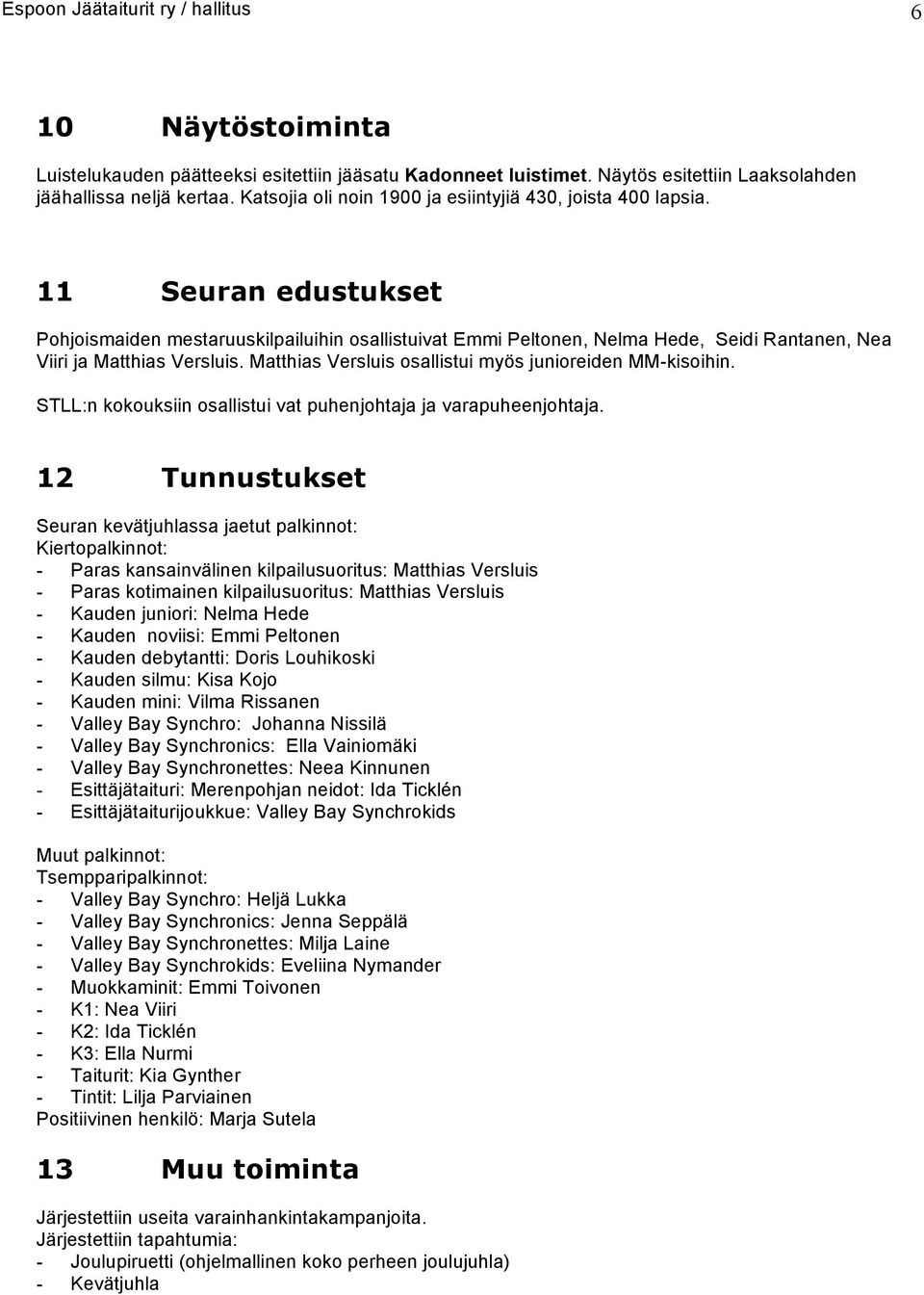 11 Seuran edtukset Pohjoismaiden mestarukilpailuihin osallistuivat Emmi Peltonen, Nelma Hede, Seidi Rantanen, Nea Viiri ja Matthias Versluis. Matthias Versluis osallistui myös junioreiden MM-kisoihin.