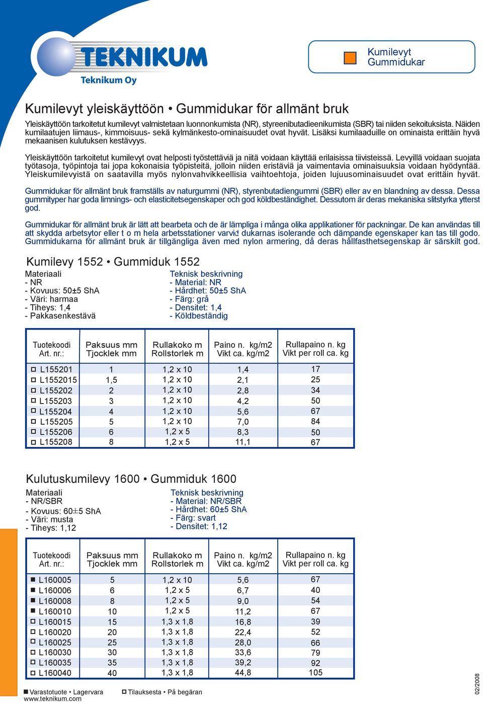 Yleiskäyttöön tarkoitetut kumilevyt ovat helposti työstettäviä ja niitä voidaan käyttää erilaisissa tiivisteissä.