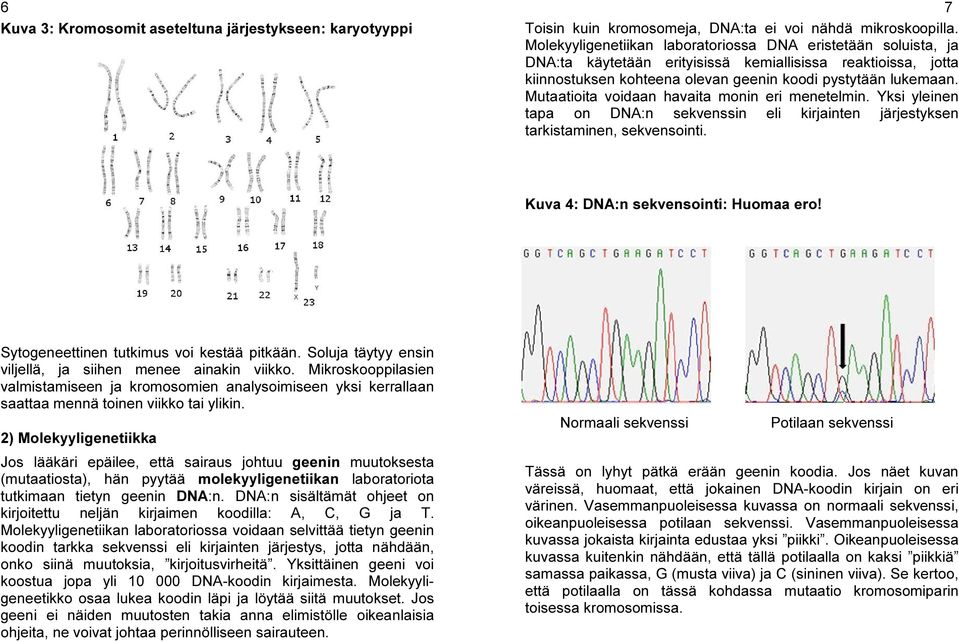 Mutaatioita voidaan havaita monin eri menetelmin. Yksi yleinen tapa on DNA:n sekvenssin eli kirjainten järjestyksen tarkistaminen, sekvensointi. Kuva 4: DNA:n sekvensointi: Huomaa ero!