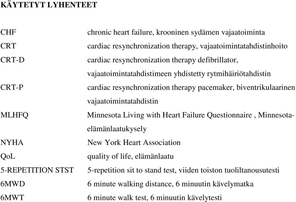 pacemaker, biventrikulaarinen vajaatoimintatahdistin Minnesota Living with Heart Failure Questionnaire, Minnesotaelämänlaatukysely New York Heart Association quality of