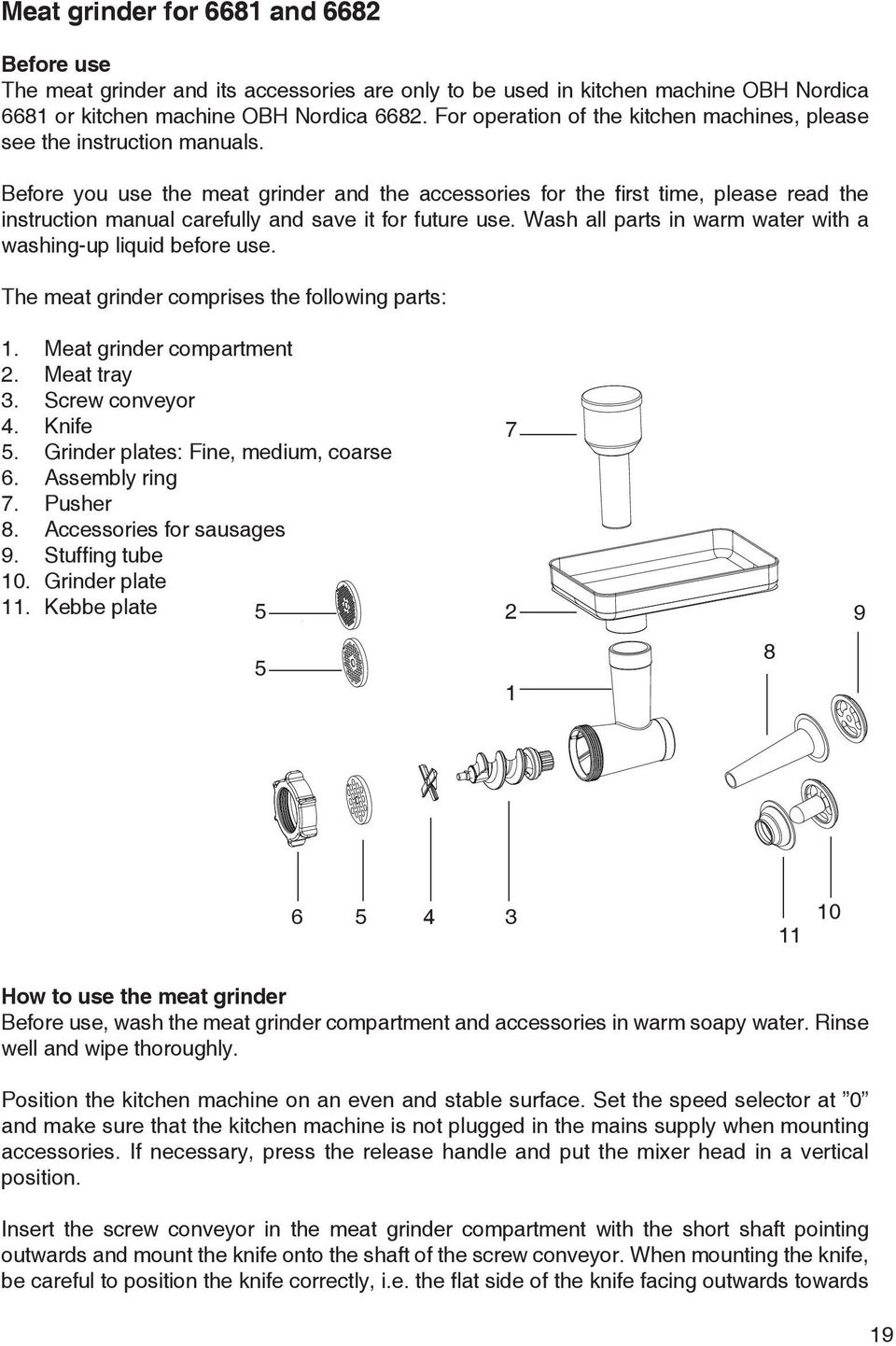 Before you use the meat grinder and the accessories for the first time, please read the instruction manual carefully and save it for future use.