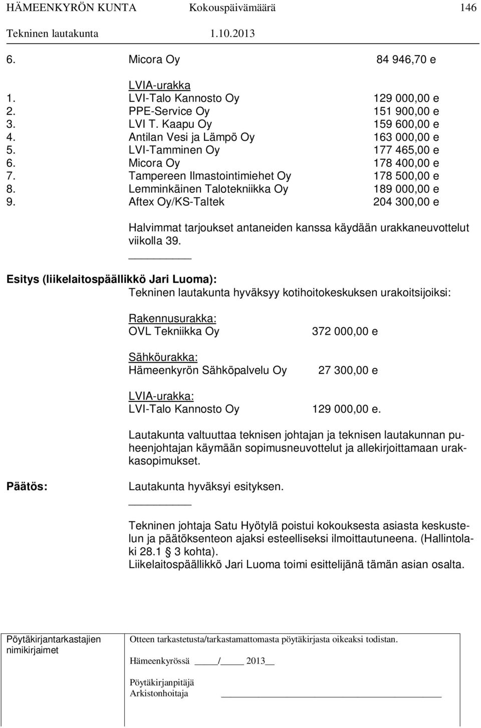 Aftex Oy/KS-Taltek 204 300,00 e Halvimmat tarjoukset antaneiden kanssa käydään urakkaneuvottelut viikolla 39.