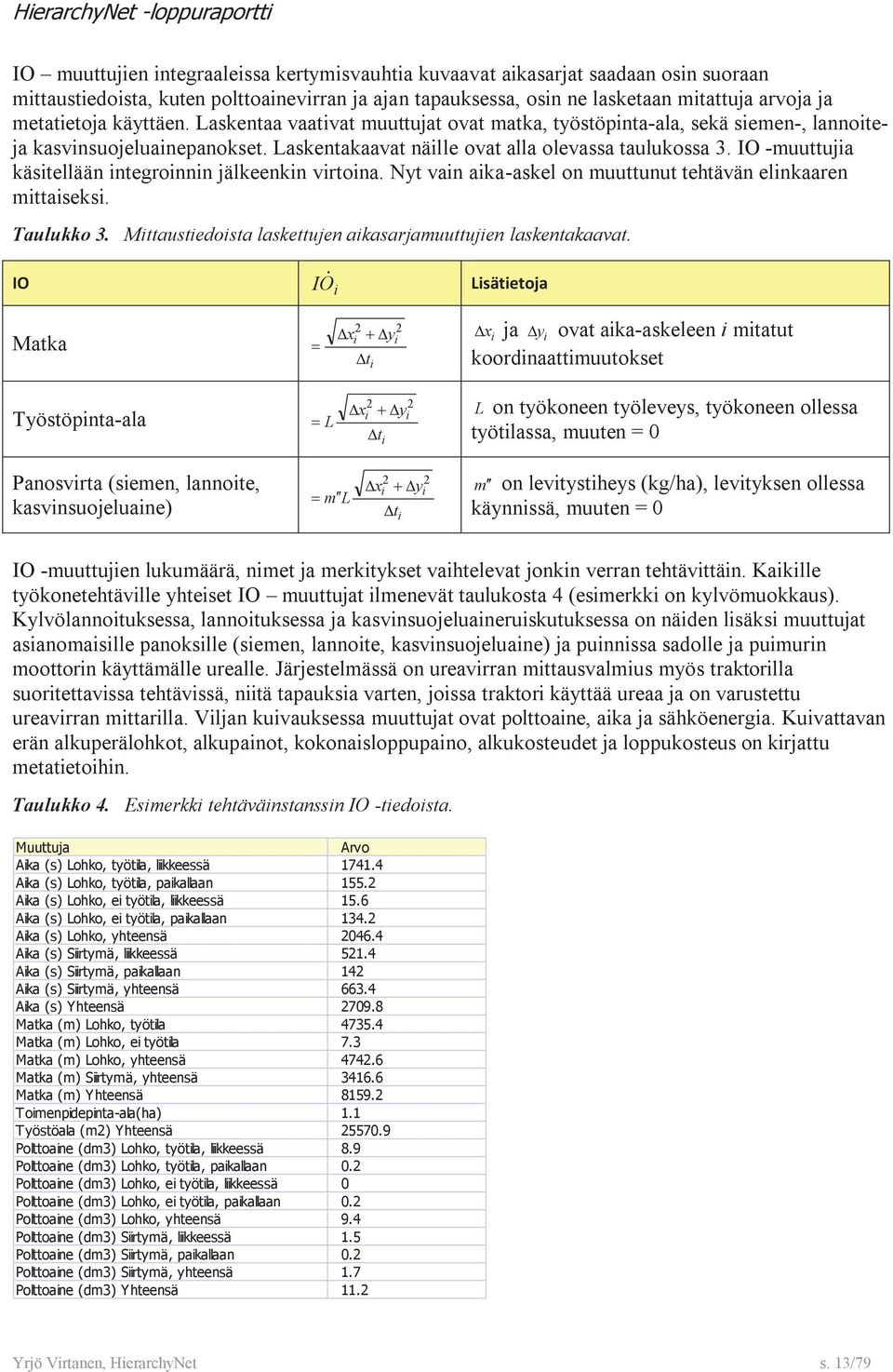 IO -muuttuja kästellään ntegronnn jälkeenkn vrtona. Nyt van aka-askel on muuttunut tehtävän elnkaaren mttaseks. Taulukko 3. Mttaustedosta laskettujen akasarjamuuttujen laskentakaavat.