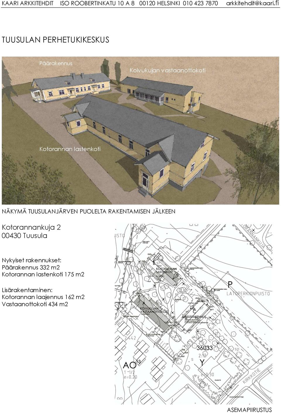 00430 Tuusula Nykyiset rakennukset: Päärakennus 332 m2 Kotorannan lastenkoti 175