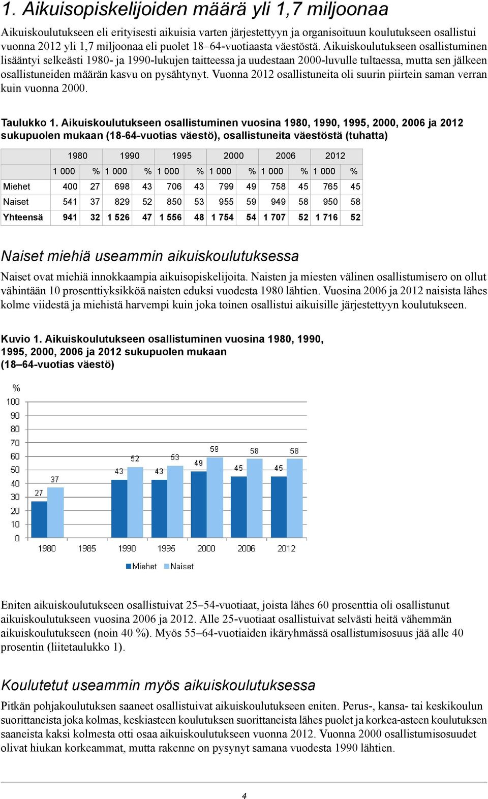 Aikuiskoulutukseen osallistuminen lisääntyi selkeästi 1980- ja 1990-lukujen taitteessa ja uudestaan 2000-luvulle tultaessa, mutta sen jälkeen osallistuneiden määrän kasvu on pysähtynyt.