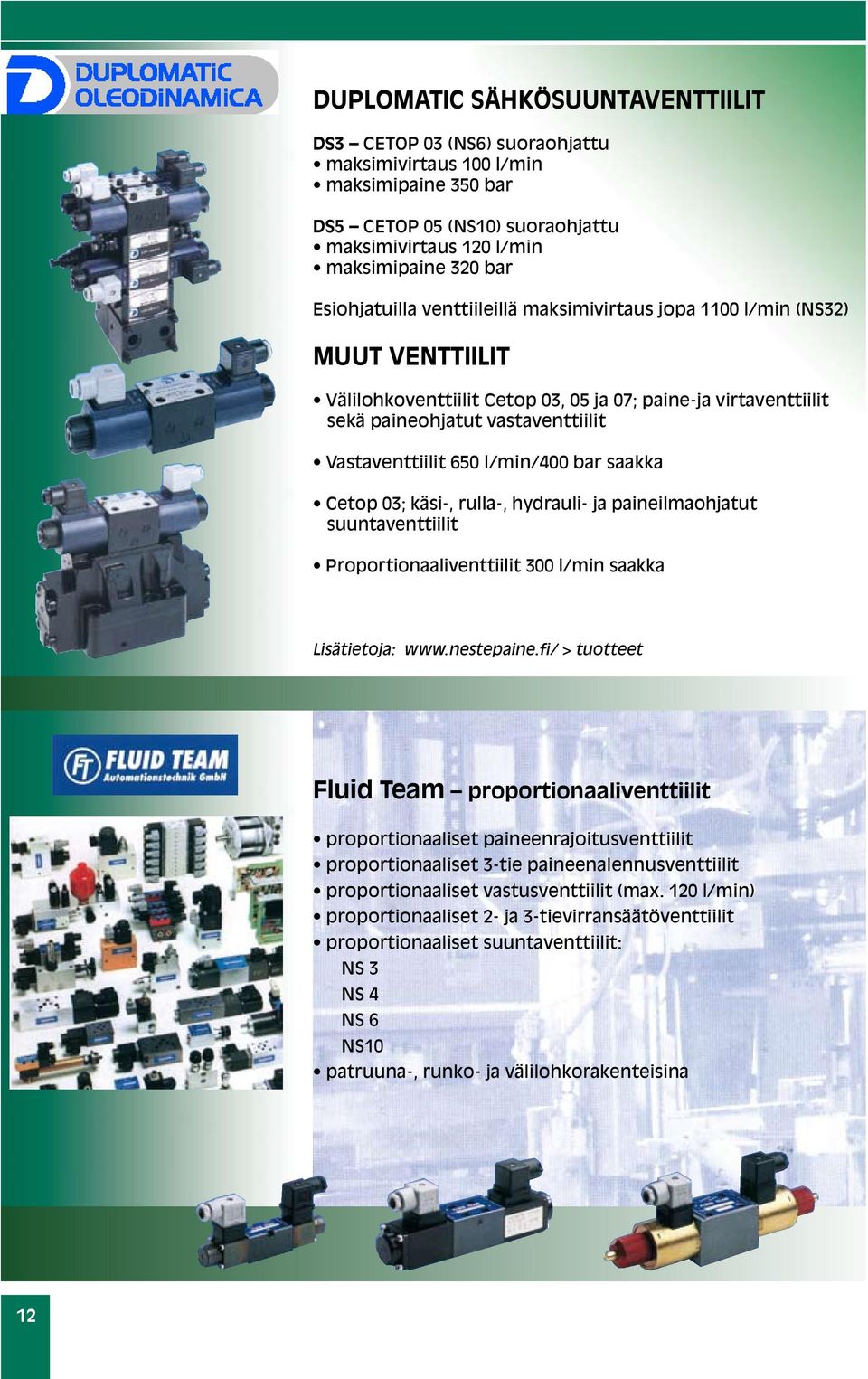 650 l/min/400 bar saakka Cetop 03; käsi-, rulla-, hydrauli- ja paineilmaohjatut suuntaventtiilit Proportionaaliventtiilit 300 l/min saakka Lisätietoja: www.nestepaine.